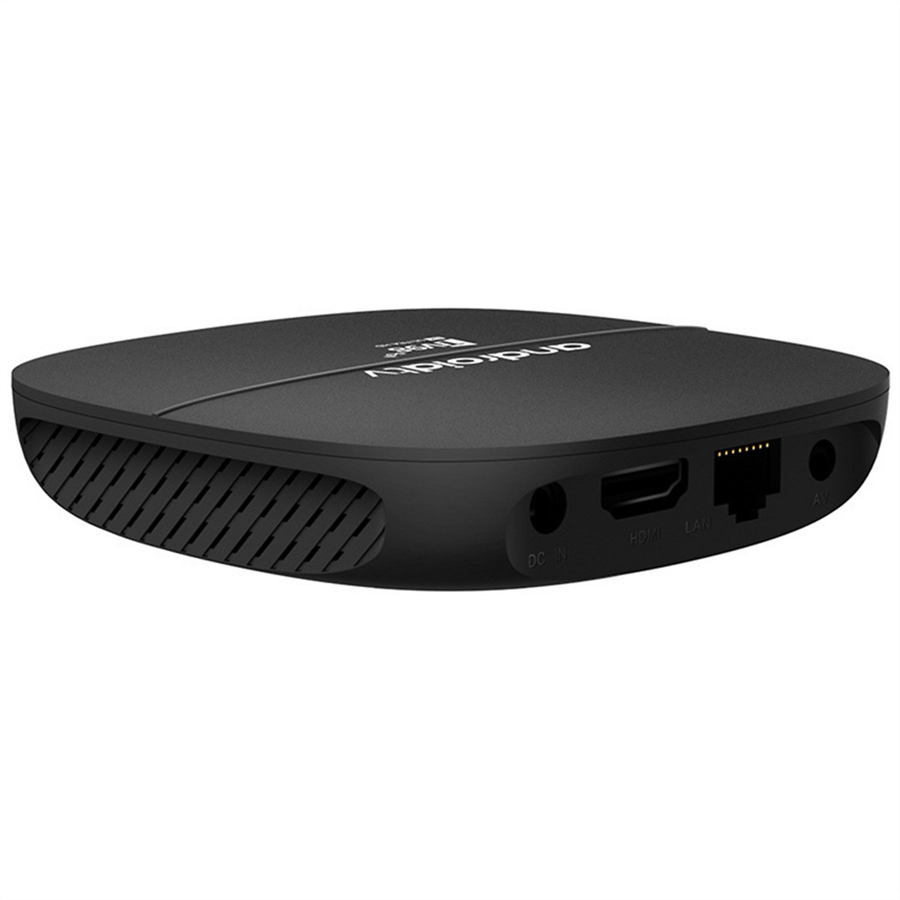 Schwarzer Android TV Box mit Anschlüssen: DC IN, HDMI, LAN, AV.