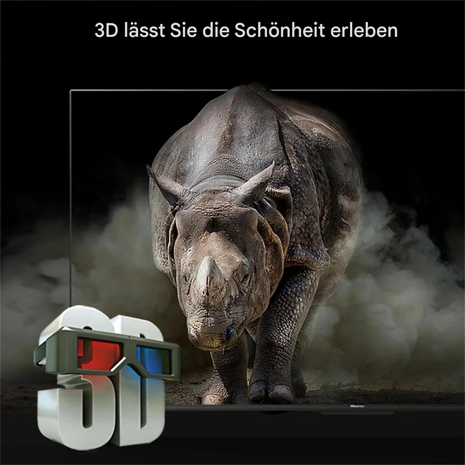 Ein Nashorn tritt aus Rauch, 3D-Brille und „3D“ Schriftzug.