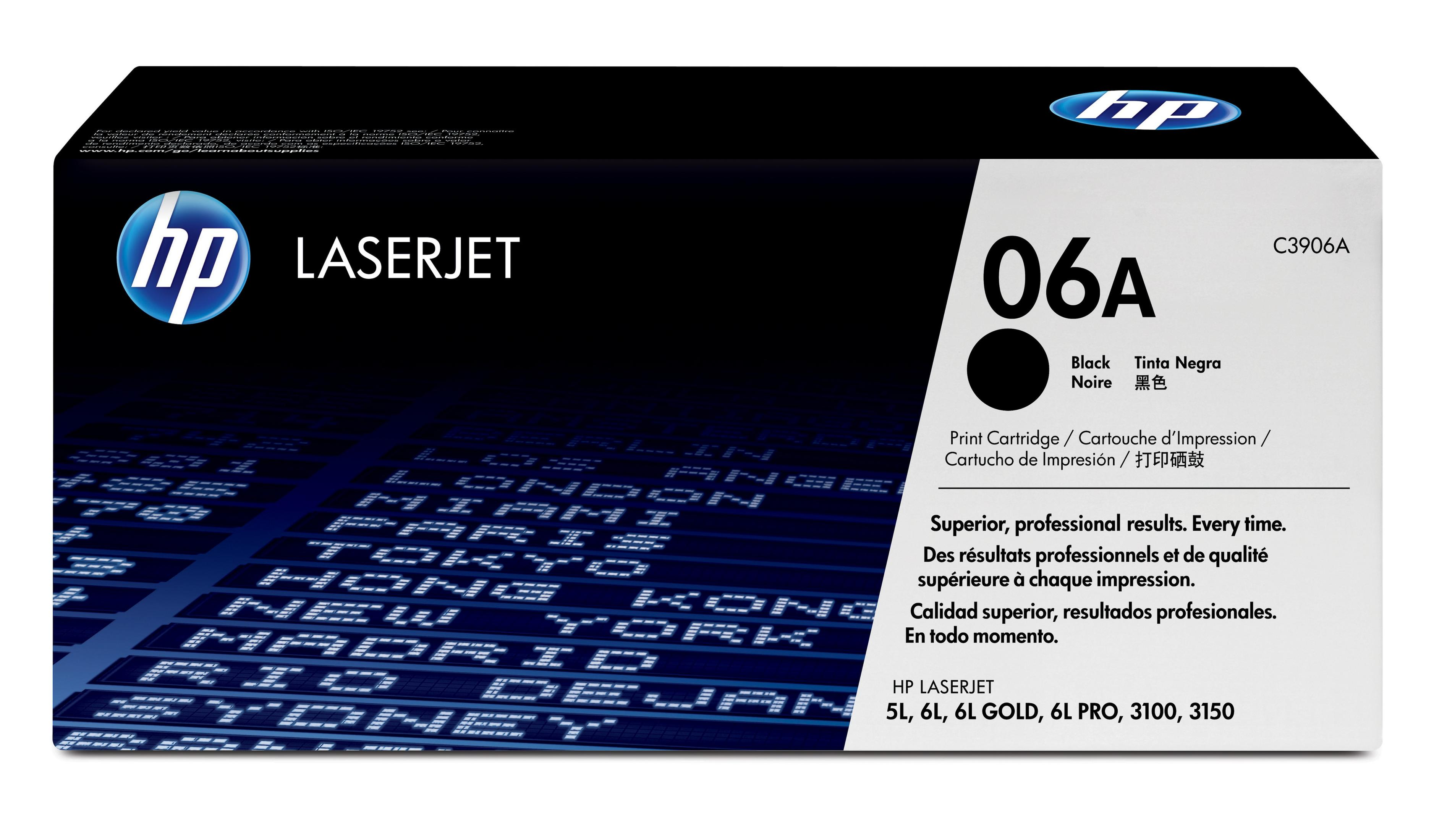 HP LaserJet 06A Siyah Toner Kartuşu, HP logosu ve çok dilli metin.
