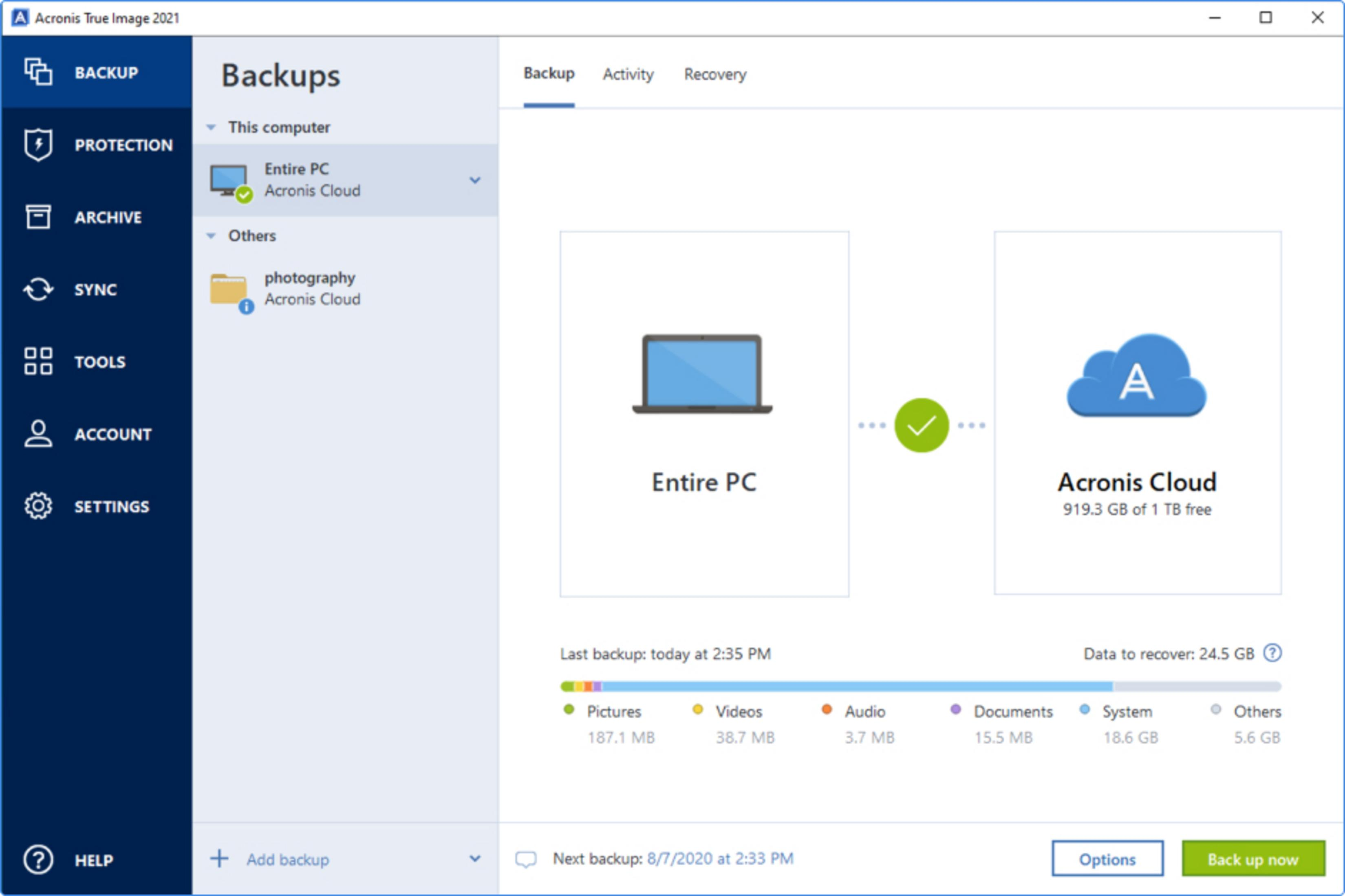 Acronis True Image 2021: Backup-Übersicht mit PC- und Cloud-Backups.