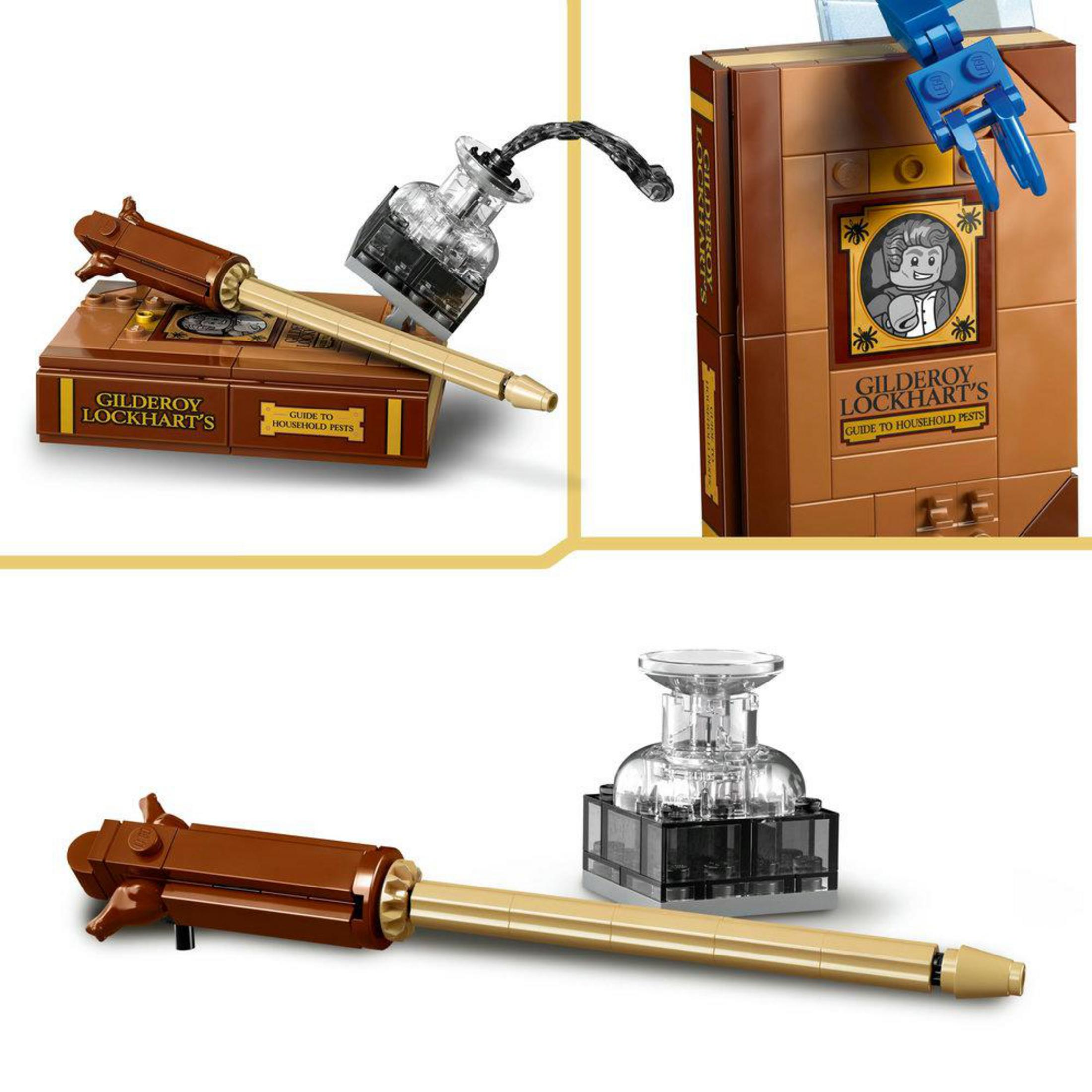 Brązowa książka Lego zatytułowana "Gilderoy Lockhart's Guide to Household Pests".