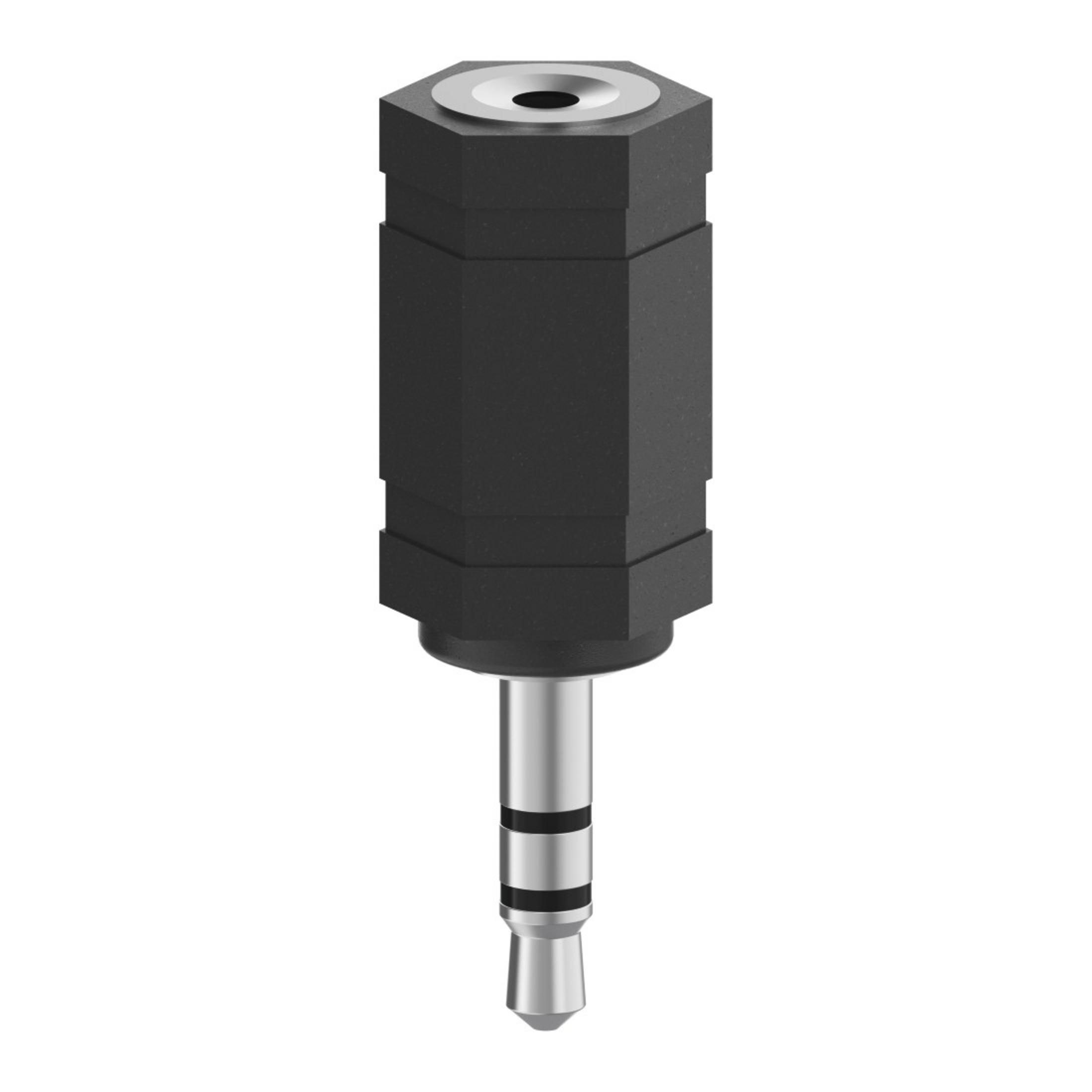 Schwarzer Adapter mit 3,5-mm-Stecker und Buchse, auf weißem Hintergrund.