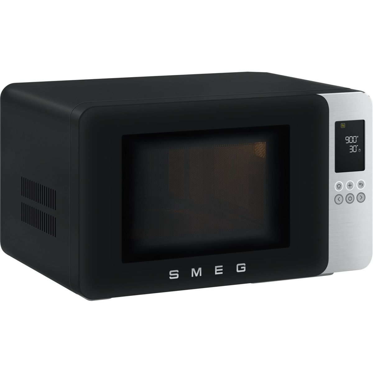 Un microondas SMEG negro con panel de control y pantalla plateados.