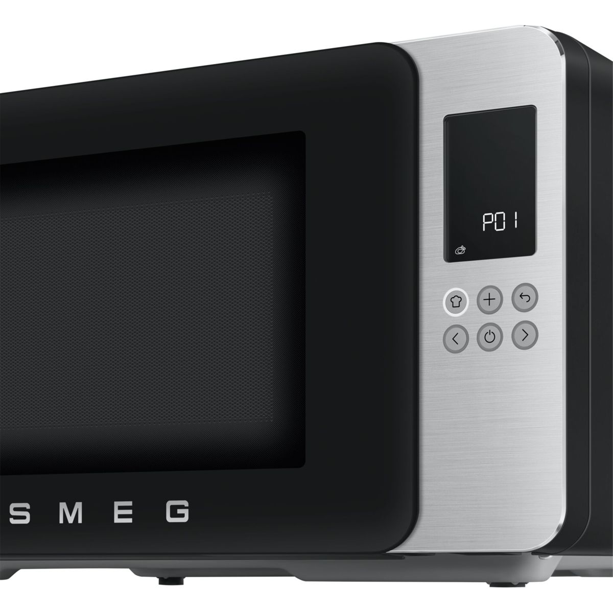 Panel de control de microondas SMEG negro con pantalla digital y botones.