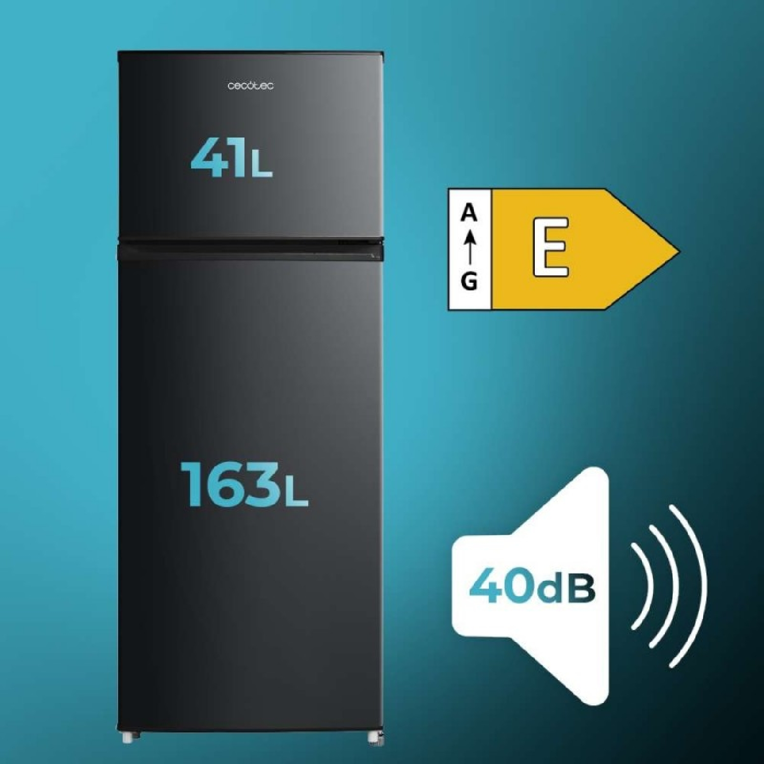 Nevera negra con capacidad de 41L y 163L, eficiencia energética E, 40dB.