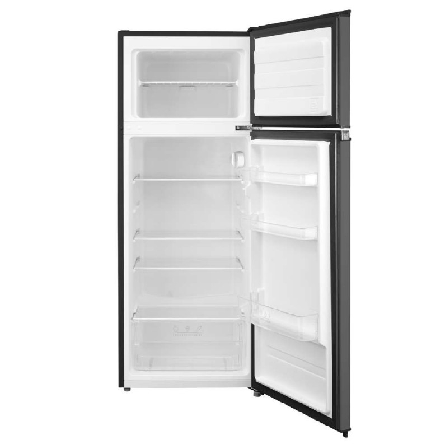 Refrigerador negro abierto con compartimento congelador arriba y estantes.