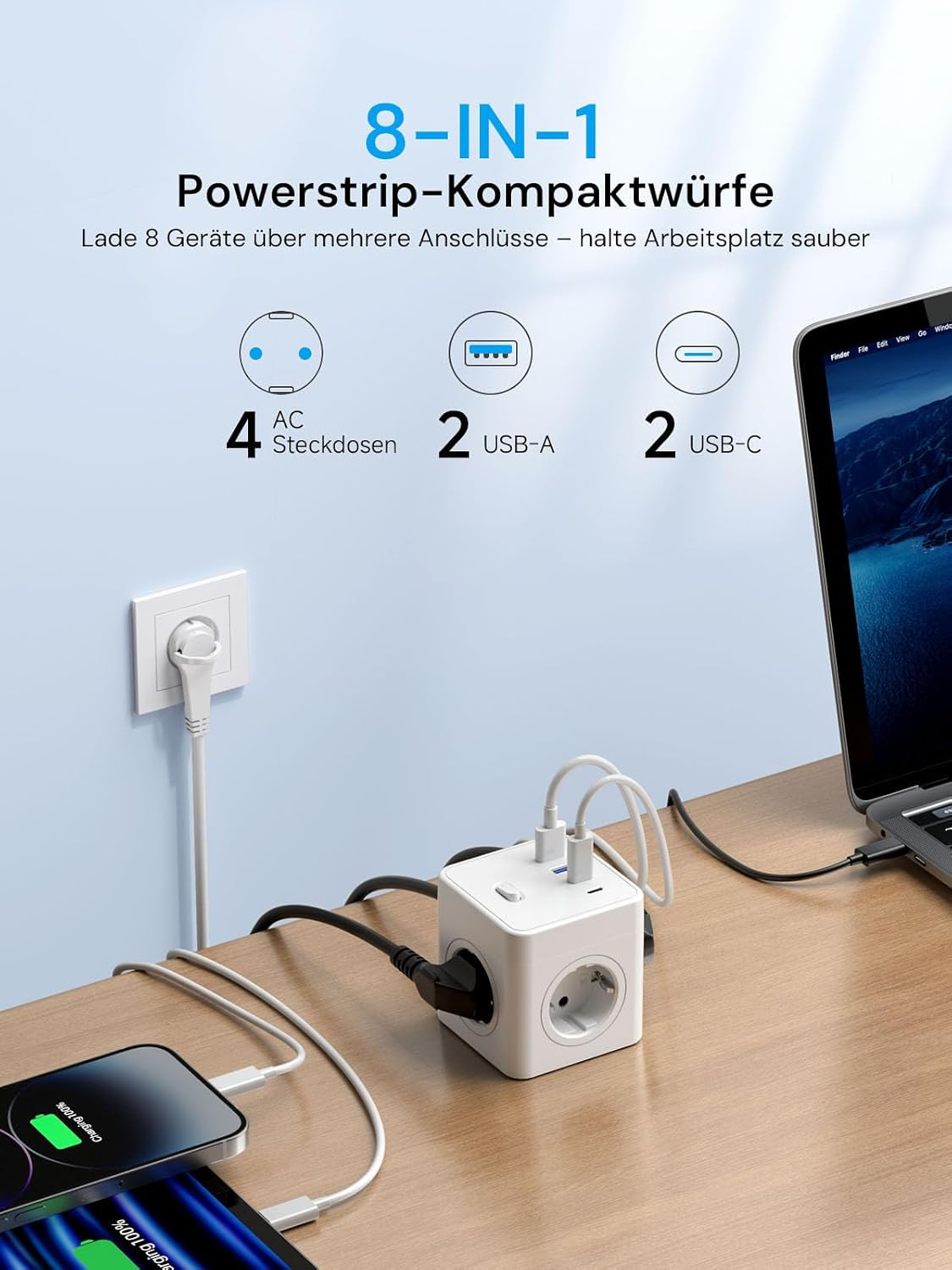 Biała kostka listwy zasilającej 8 w 1 z 4 gniazdami AC, 2 portami USB-A i 2 USB-C.