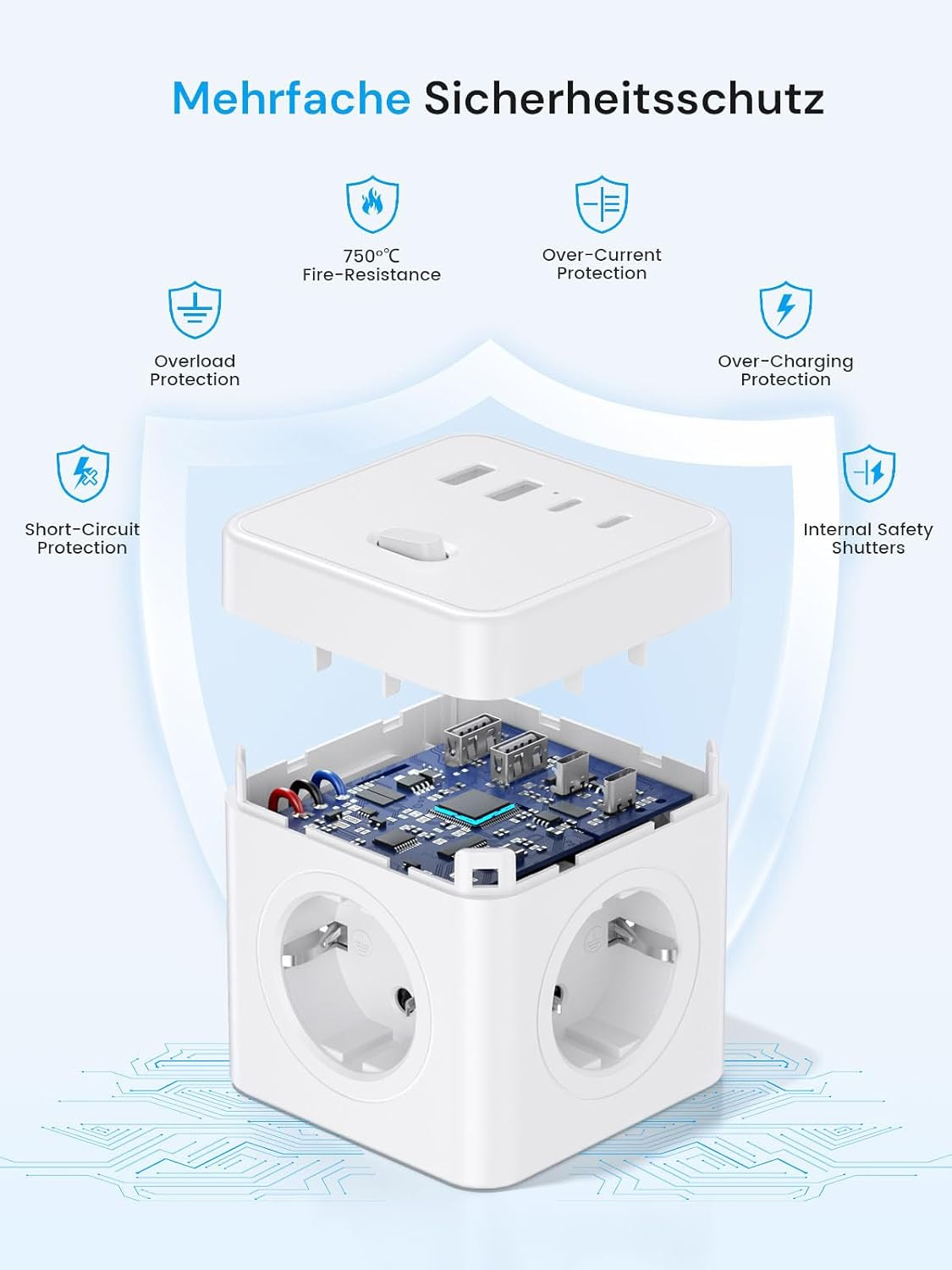 Biały adapter zasilający w kształcie sześcianu z wieloma gniazdami i portami USB, pokazujący wewnętrzną płytkę drukowaną.