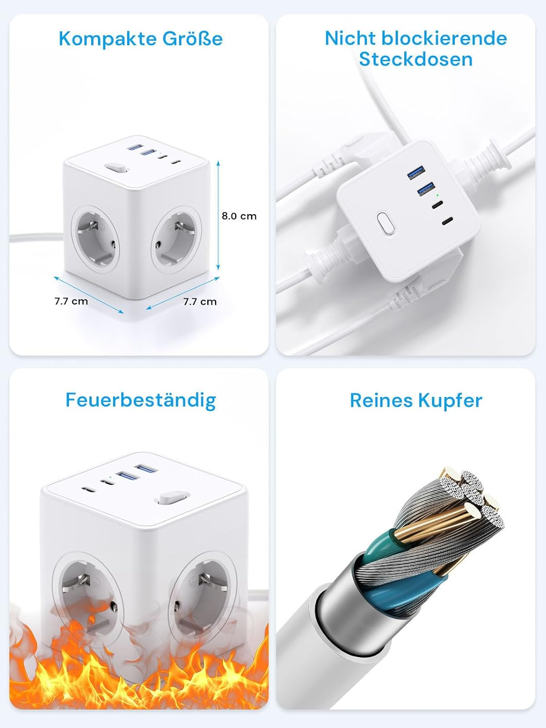 Kompaktowa biała listwa zasilająca z 3 gniazdami i 3 portami USB.