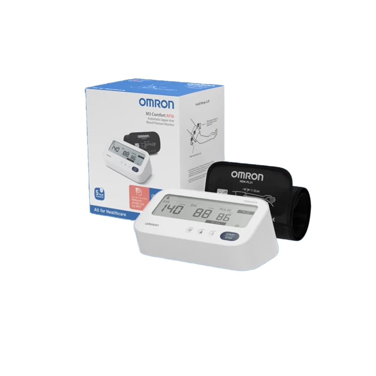 Omron Blutdruckmessgerät mit Manschette und Verpackung.
