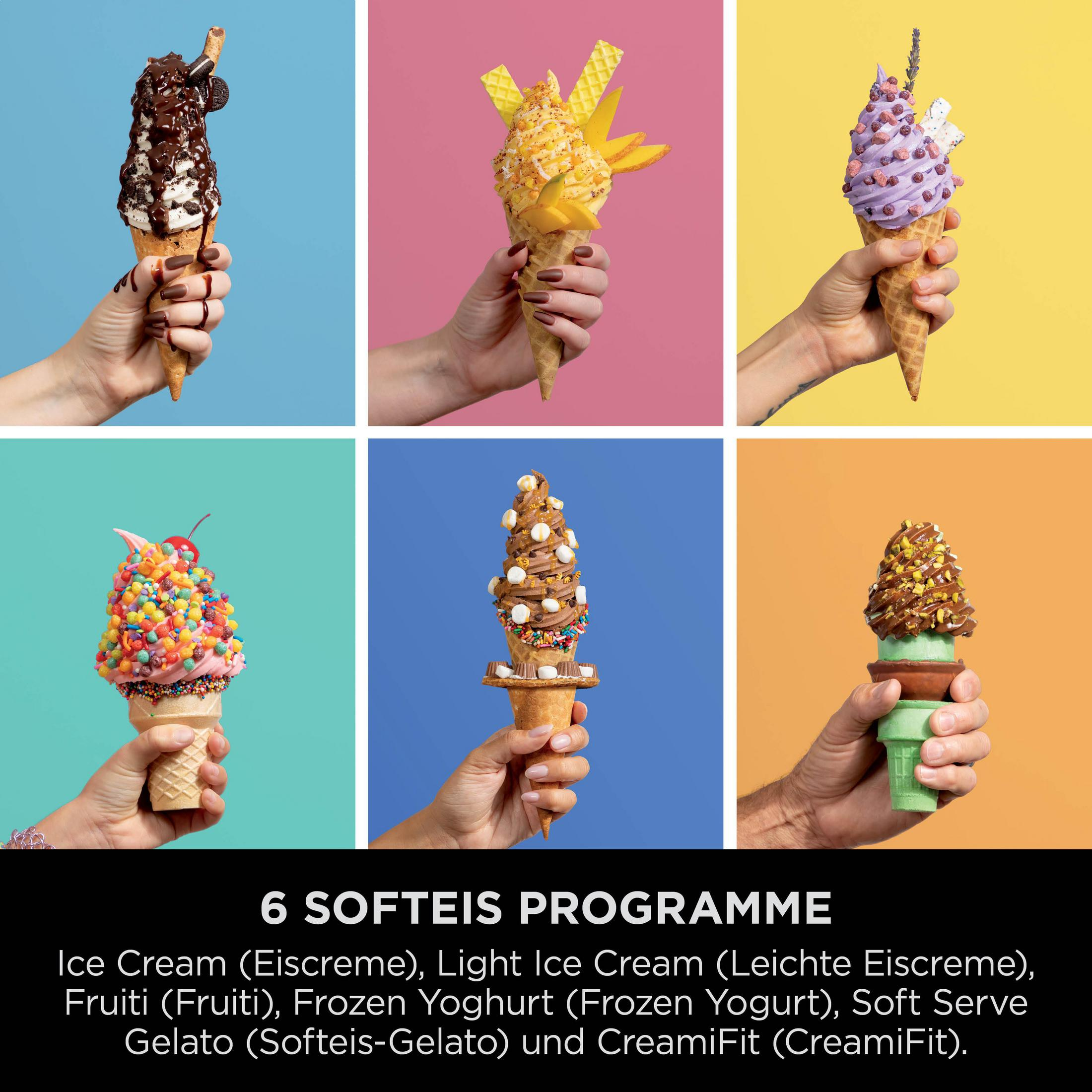 Sechs Softeis-Kreationen in Waffeln, jede mit einzigartigen Toppings.