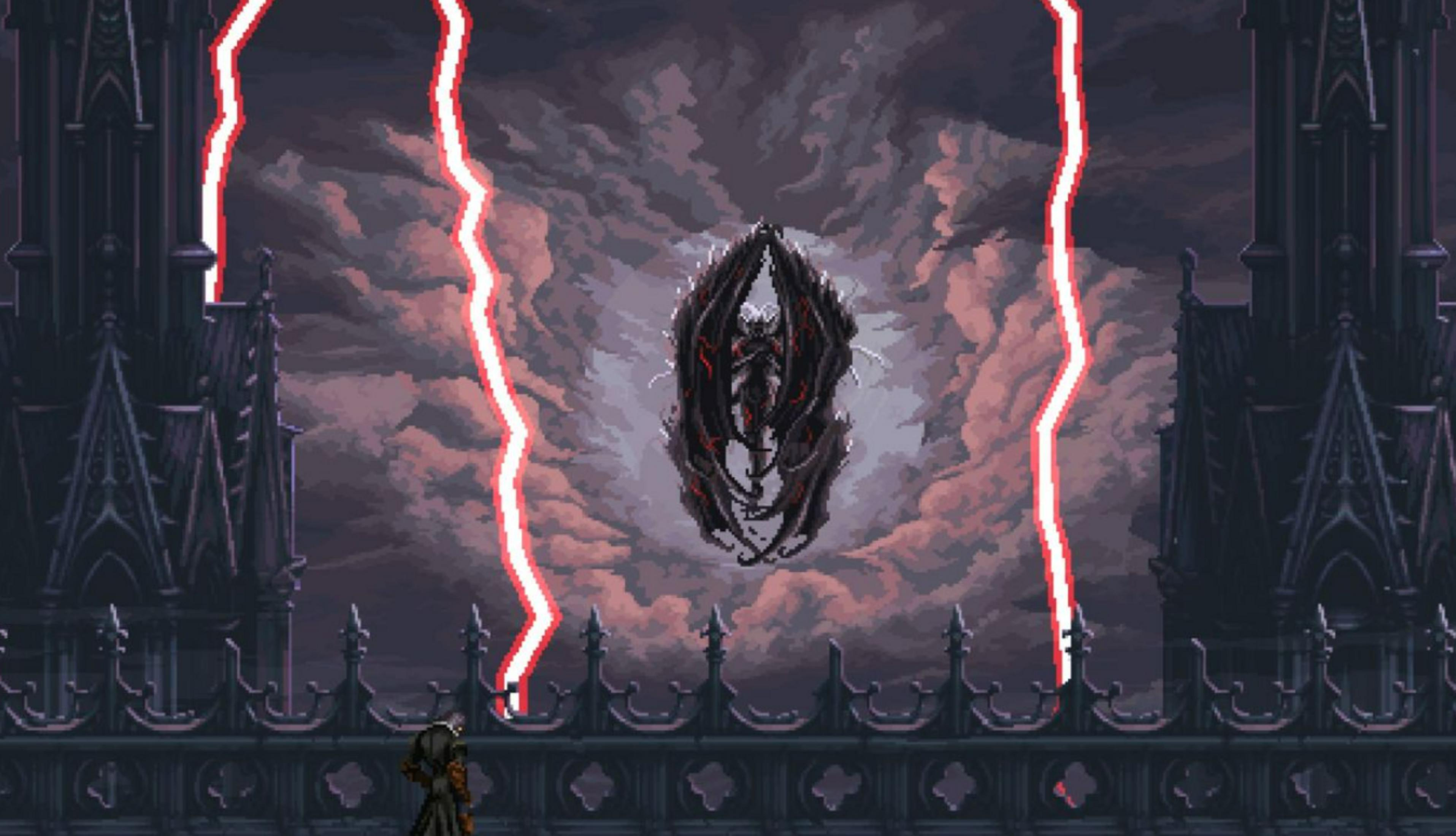 Ein dunkler Drache fliegt vor einem stürmischen Himmel, von Blitzen beleuchtet.