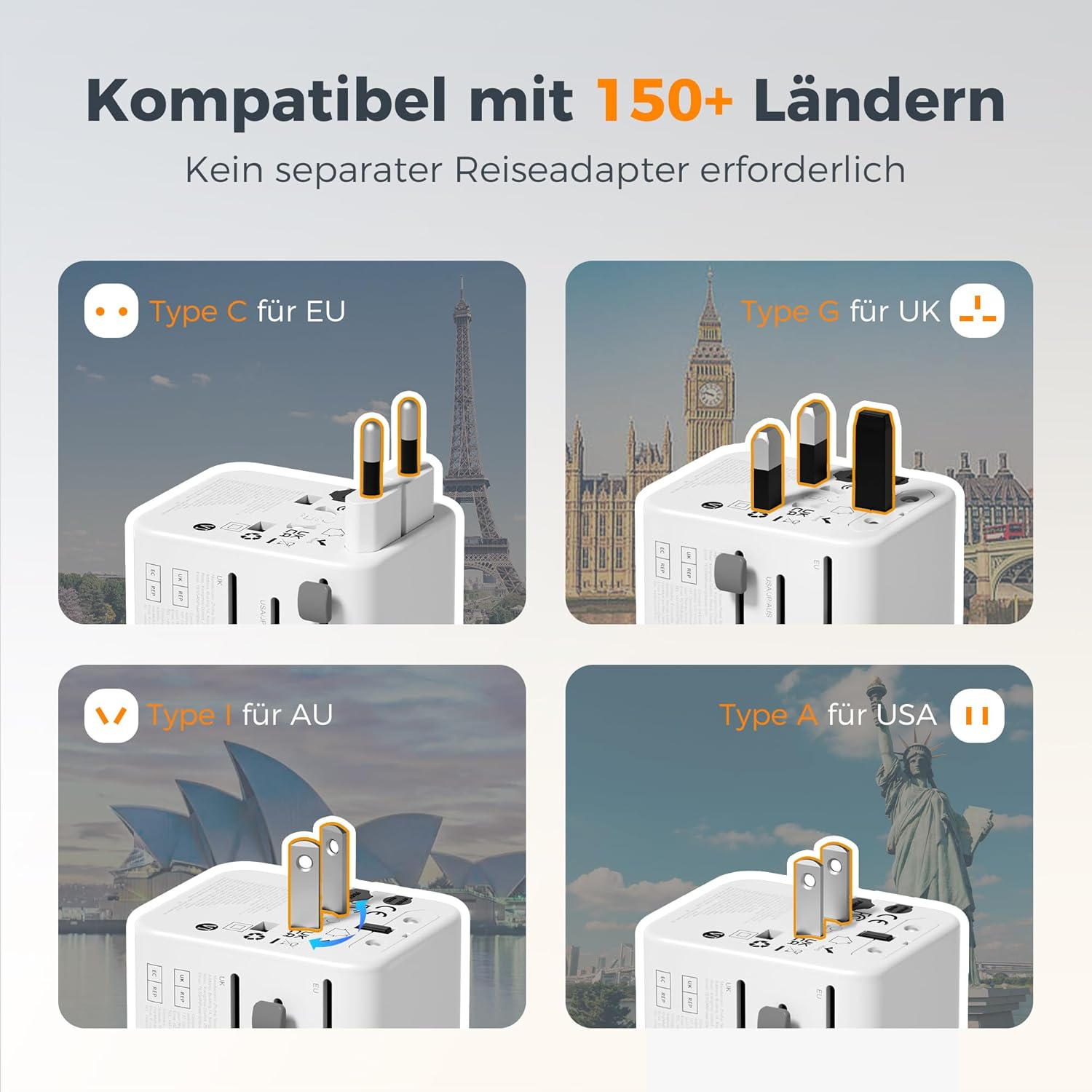 Adapter podróżny pokazuje wtyczki do UE, Wielkiej Brytanii, AU i USA przed zabytkami.