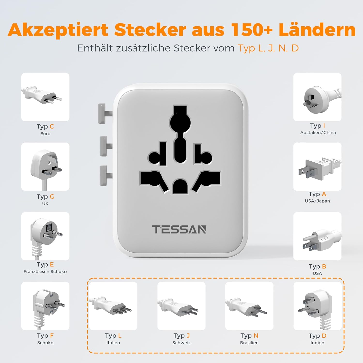 Adapter podróżny z wieloma gniazdami i różnymi typami wtyczek.