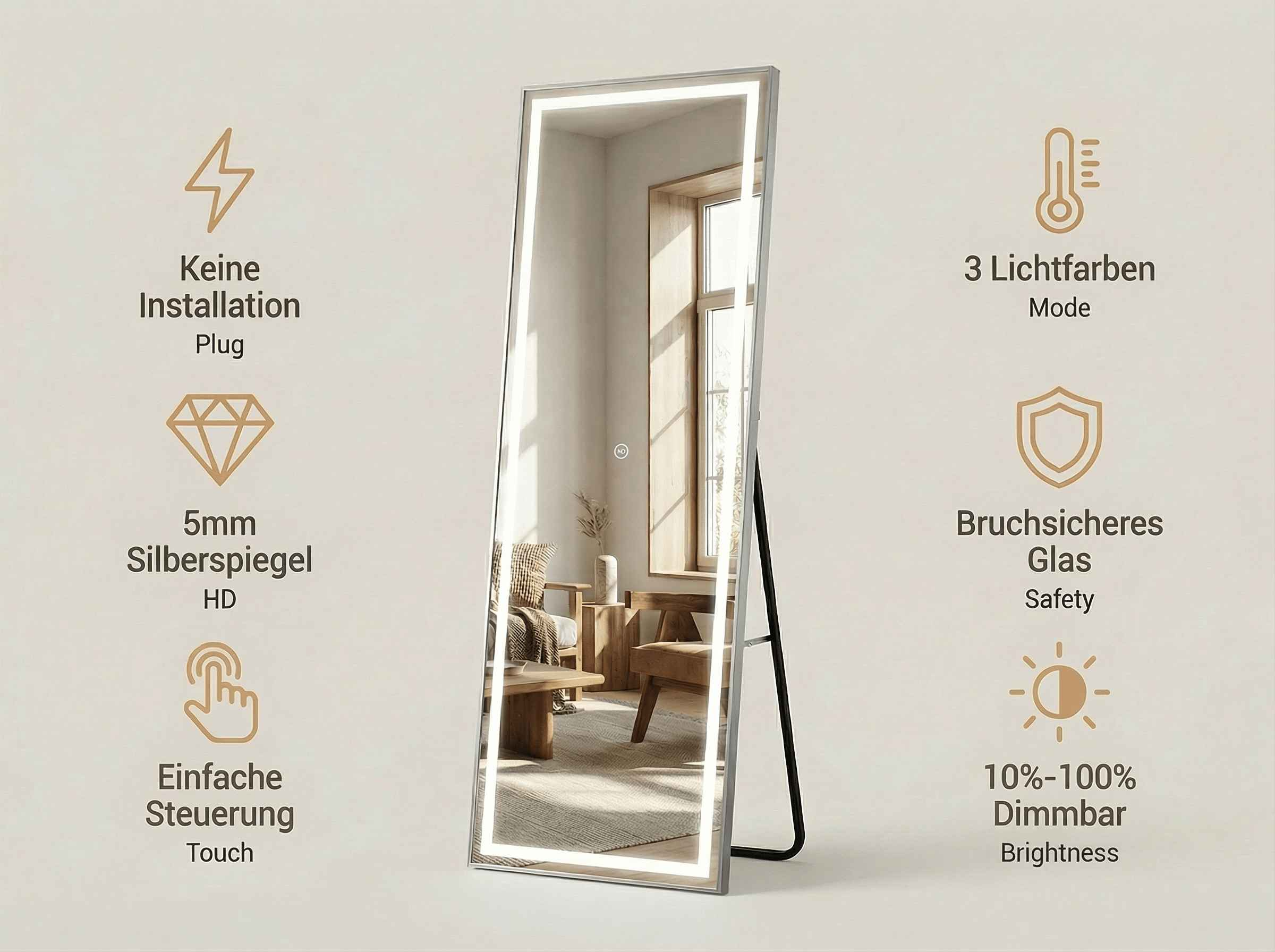 Ein beleuchteter Standspiegel mit Touch-Steuerung und 3 Lichtfarben.
