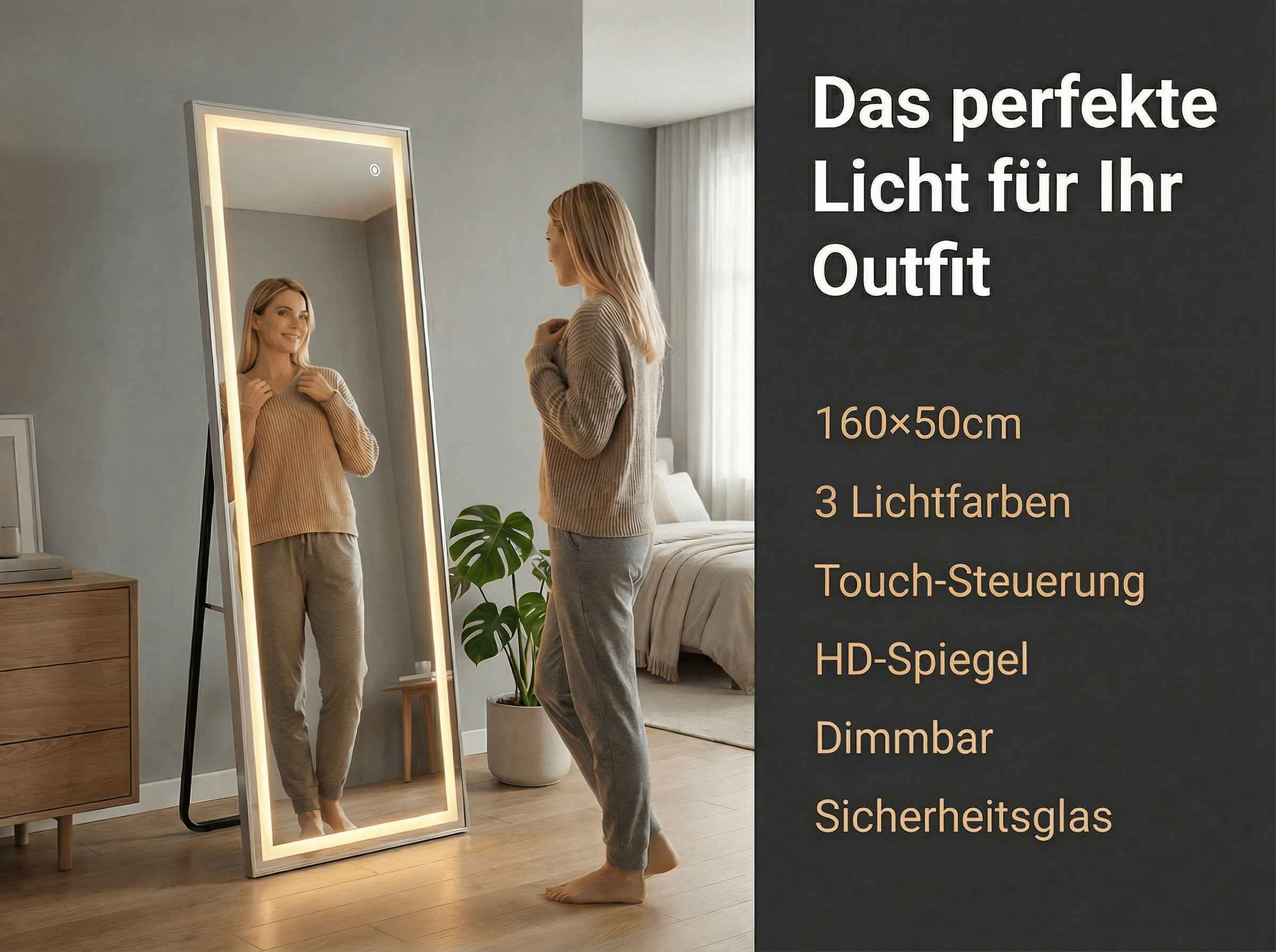 Frau im Schlafzimmer prüft ihr Outfit vor beleuchtetem Spiegel.