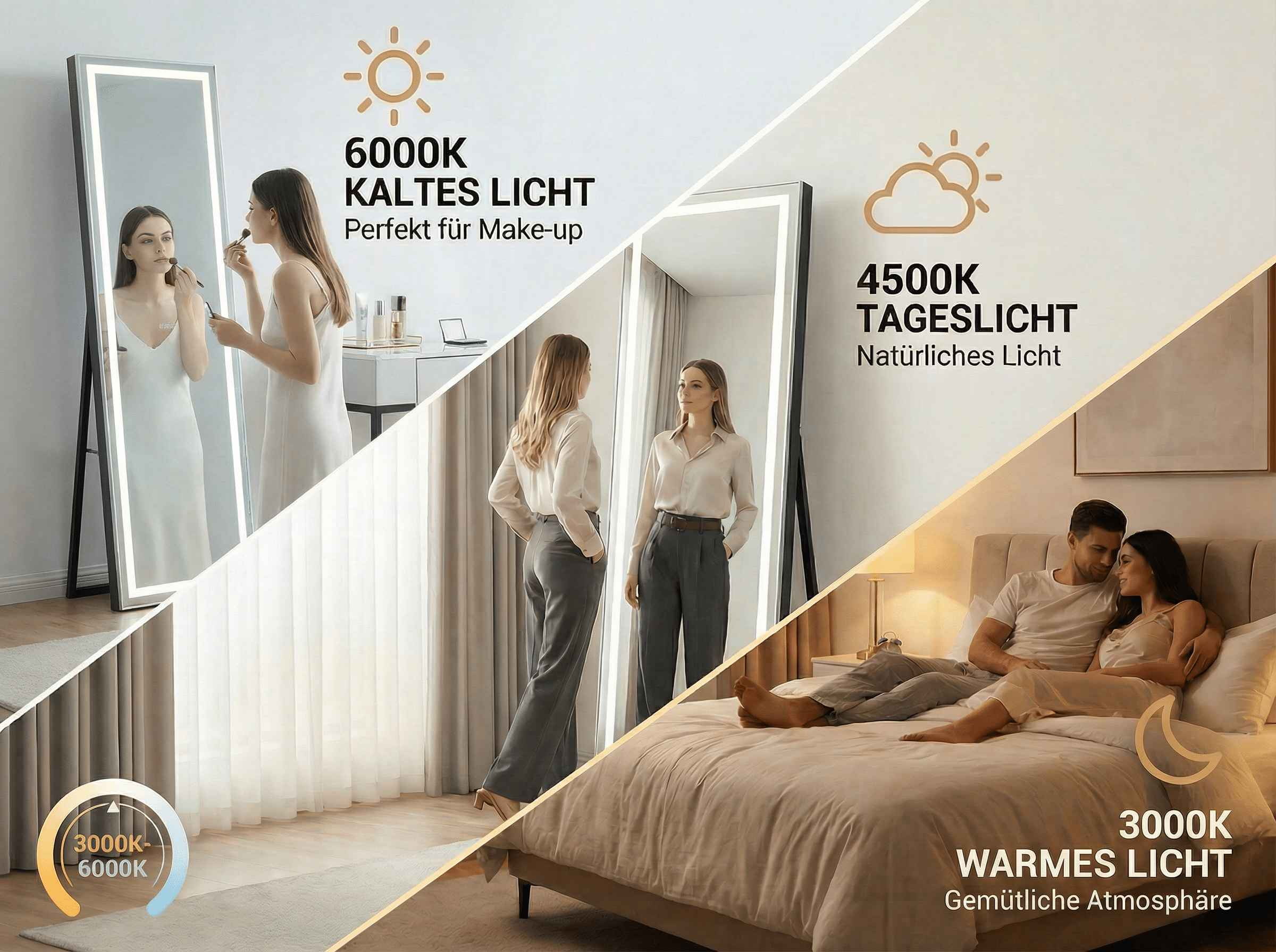 Ein beleuchteter Spiegel zeigt drei Szenen: Make-up, Tageslicht und warmes Licht.