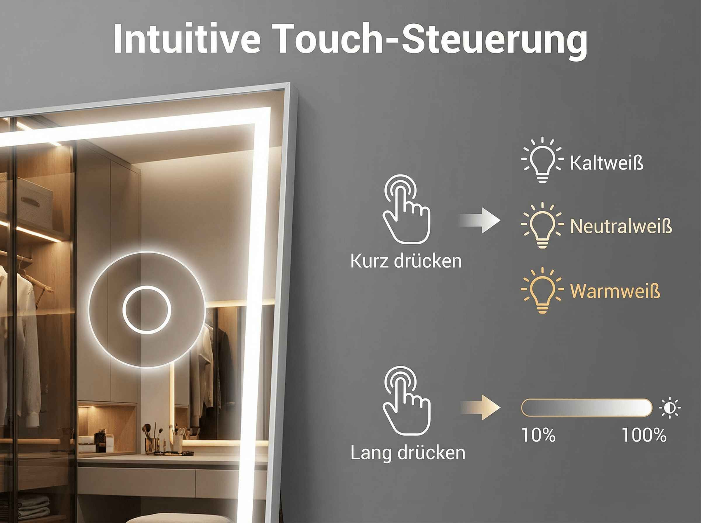 Spiegel mit Touch-Steuerung zeigt Lichtfarben und Helligkeitseinstellungen.