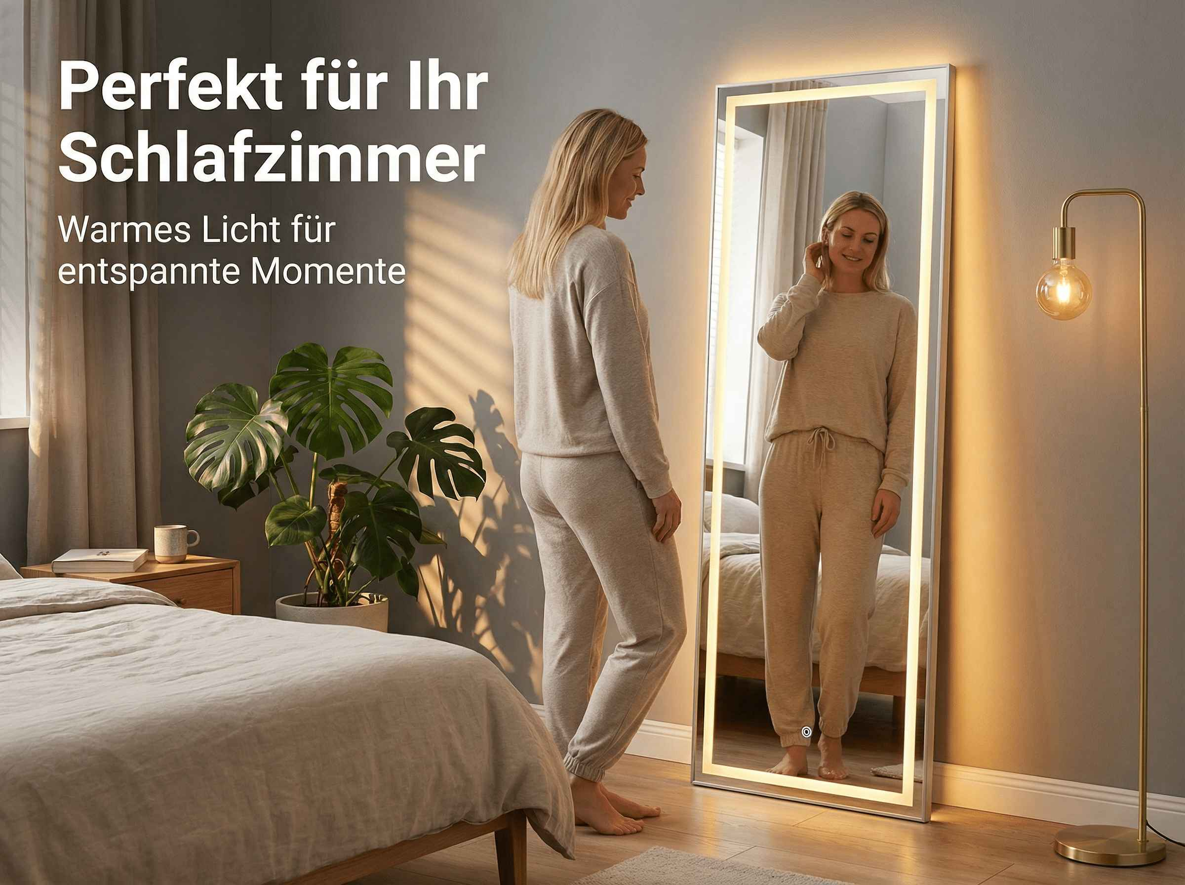 Frau vor beleuchtetem Spiegel im Schlafzimmer mit Bett und Pflanze.