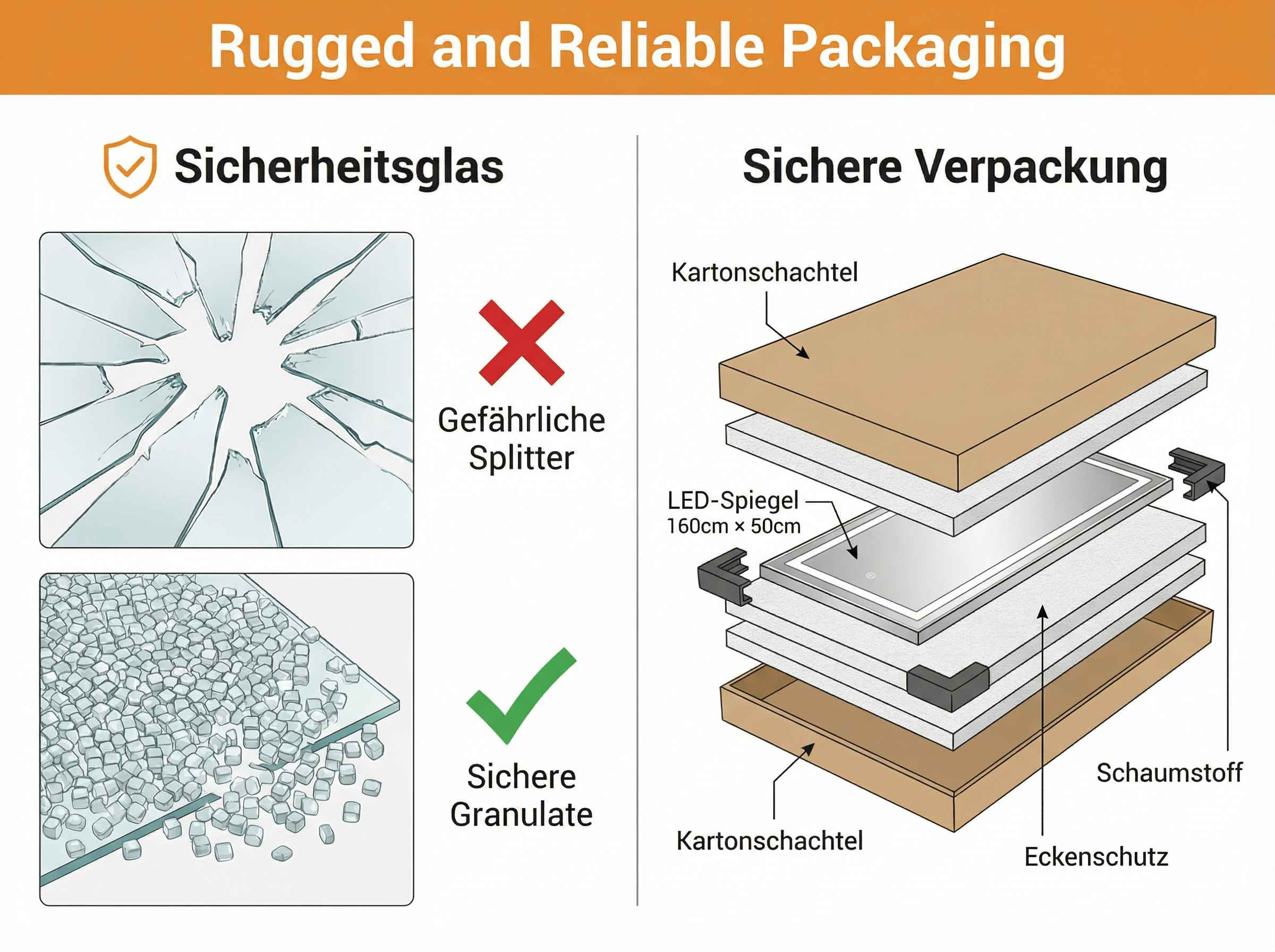 Sicherheitsglas zerbricht in Splitter, sichere Granulate und sichere Verpackung.