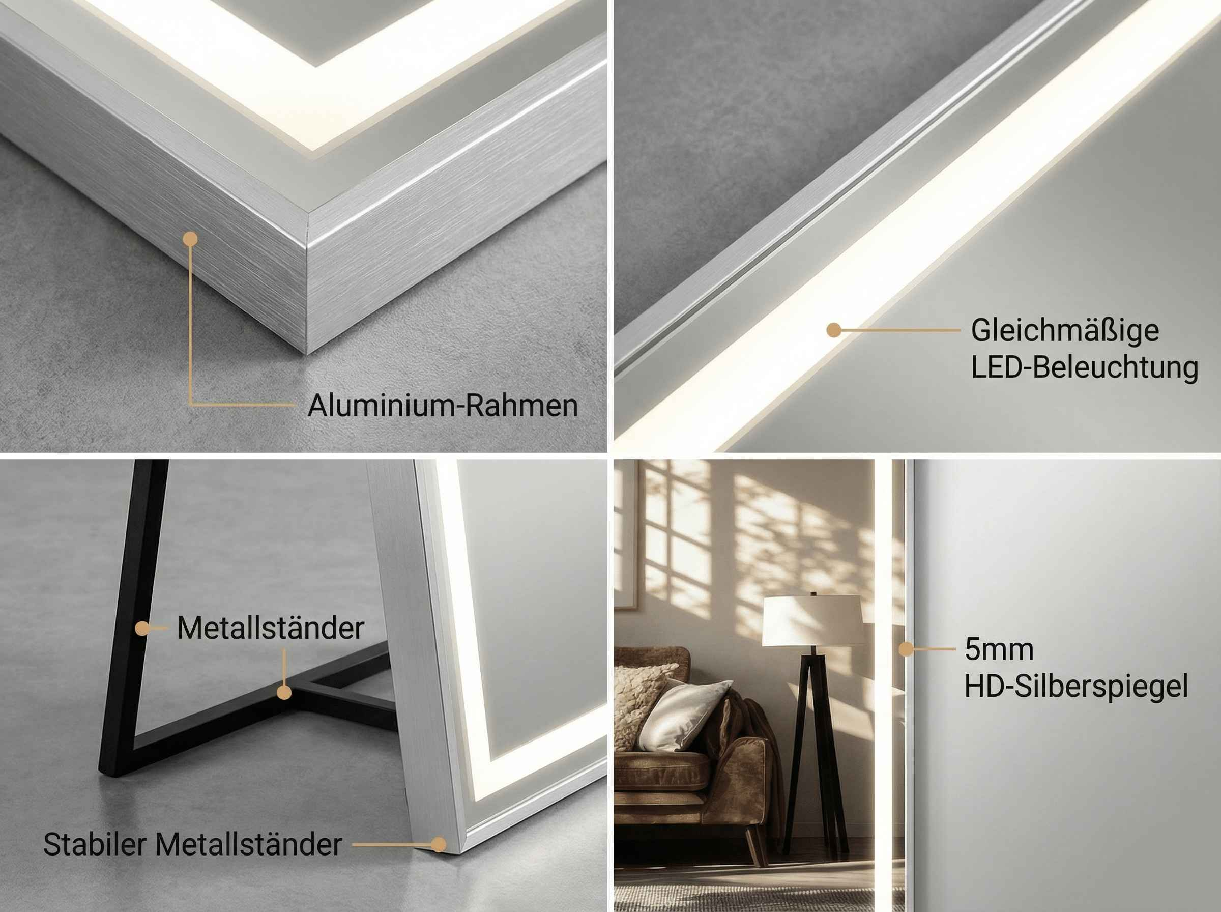 Aluminiumrahmen mit LED-Beleuchtung, Metallständer, 5mm HD Silberspiegel.