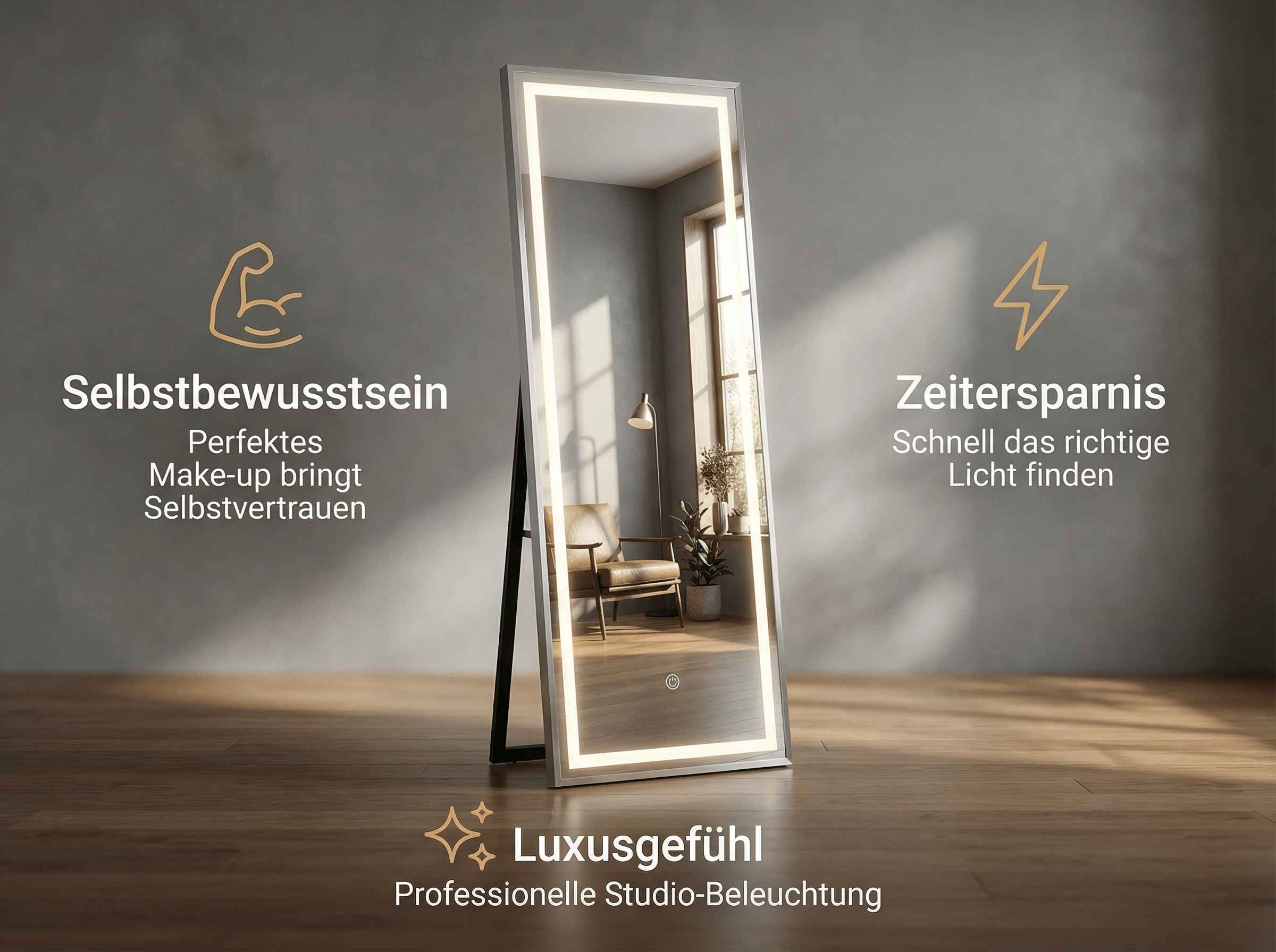 Ein beleuchteter Spiegel steht in einem Raum mit einem Sessel. Text über Selbstbewusstsein und Zeitersparnis.