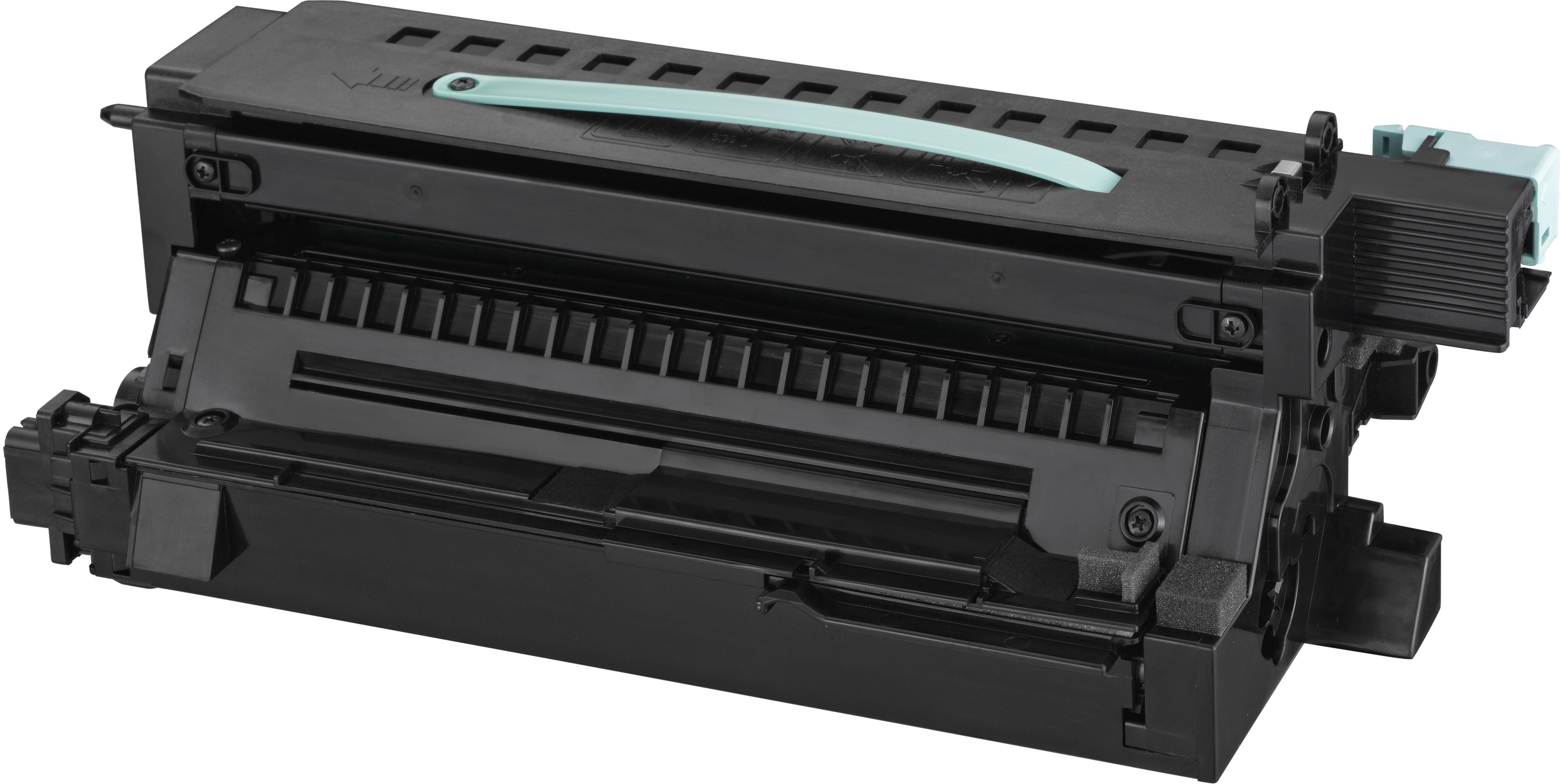 Una cartuccia toner per stampante laser nera con manico verde chiaro.