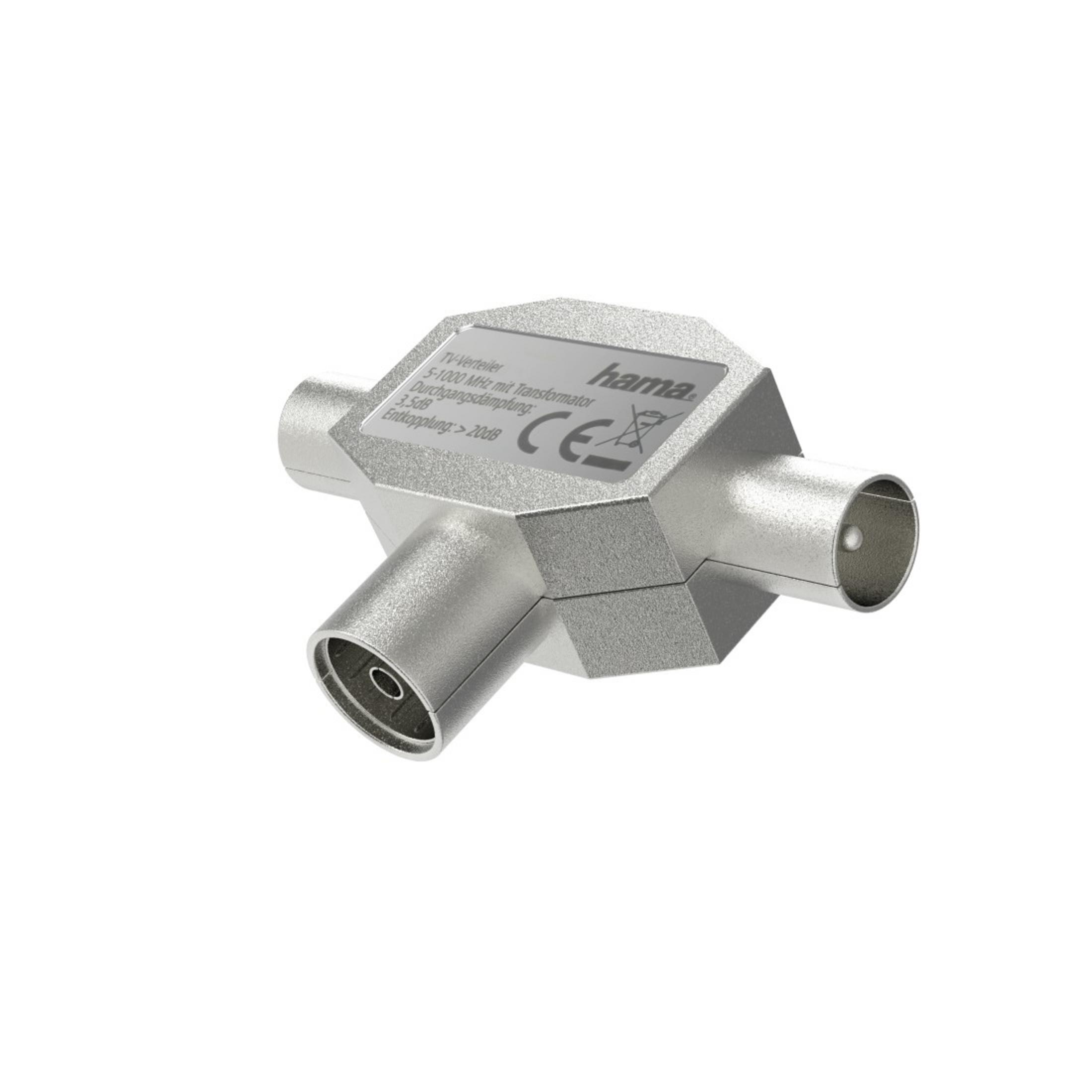 Un divisor de TV plateado con tres conectores y marca CE.