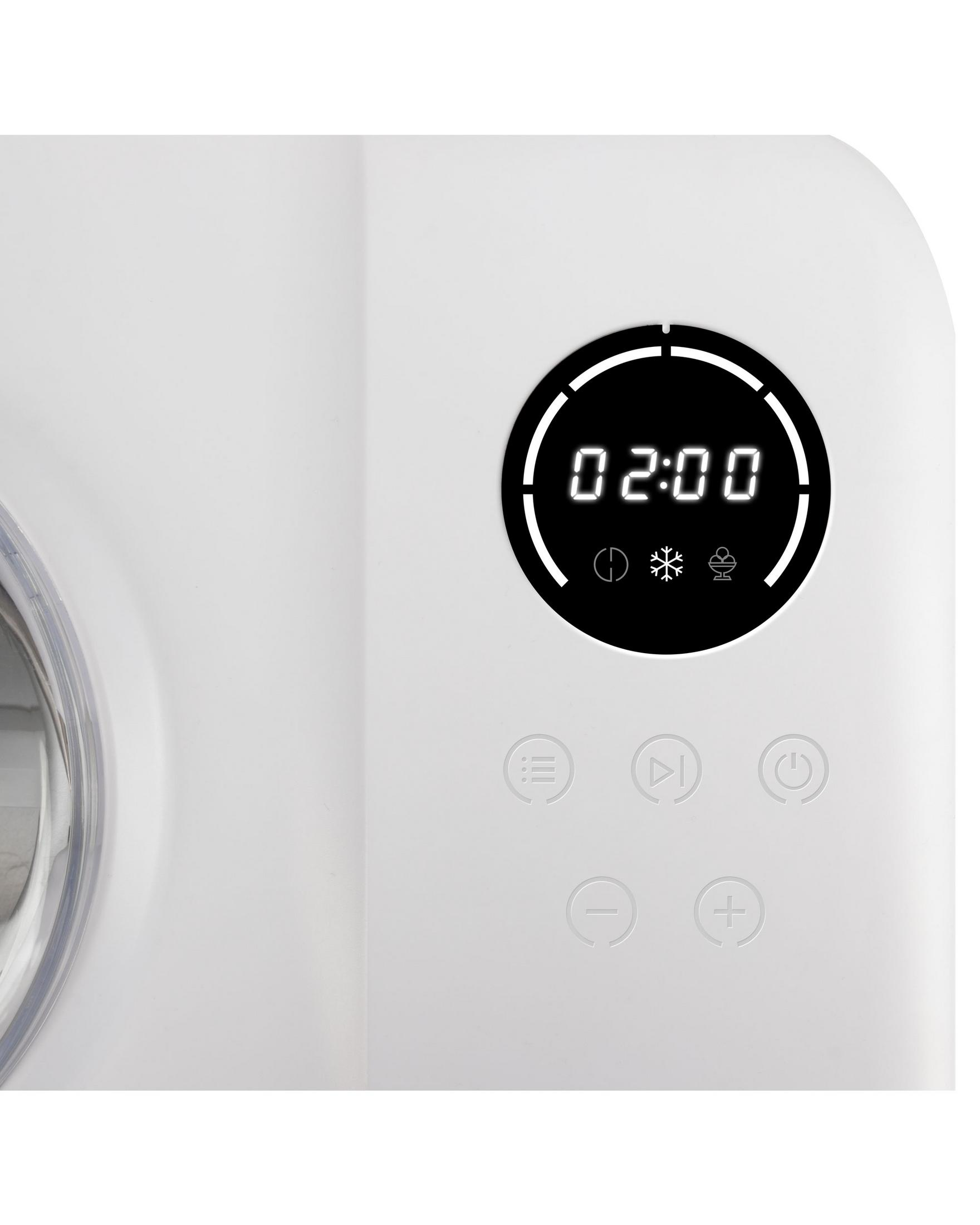 Biała powierzchnia z cyfrowym wyświetlaczem 02:00, ikonami i przyciskami.