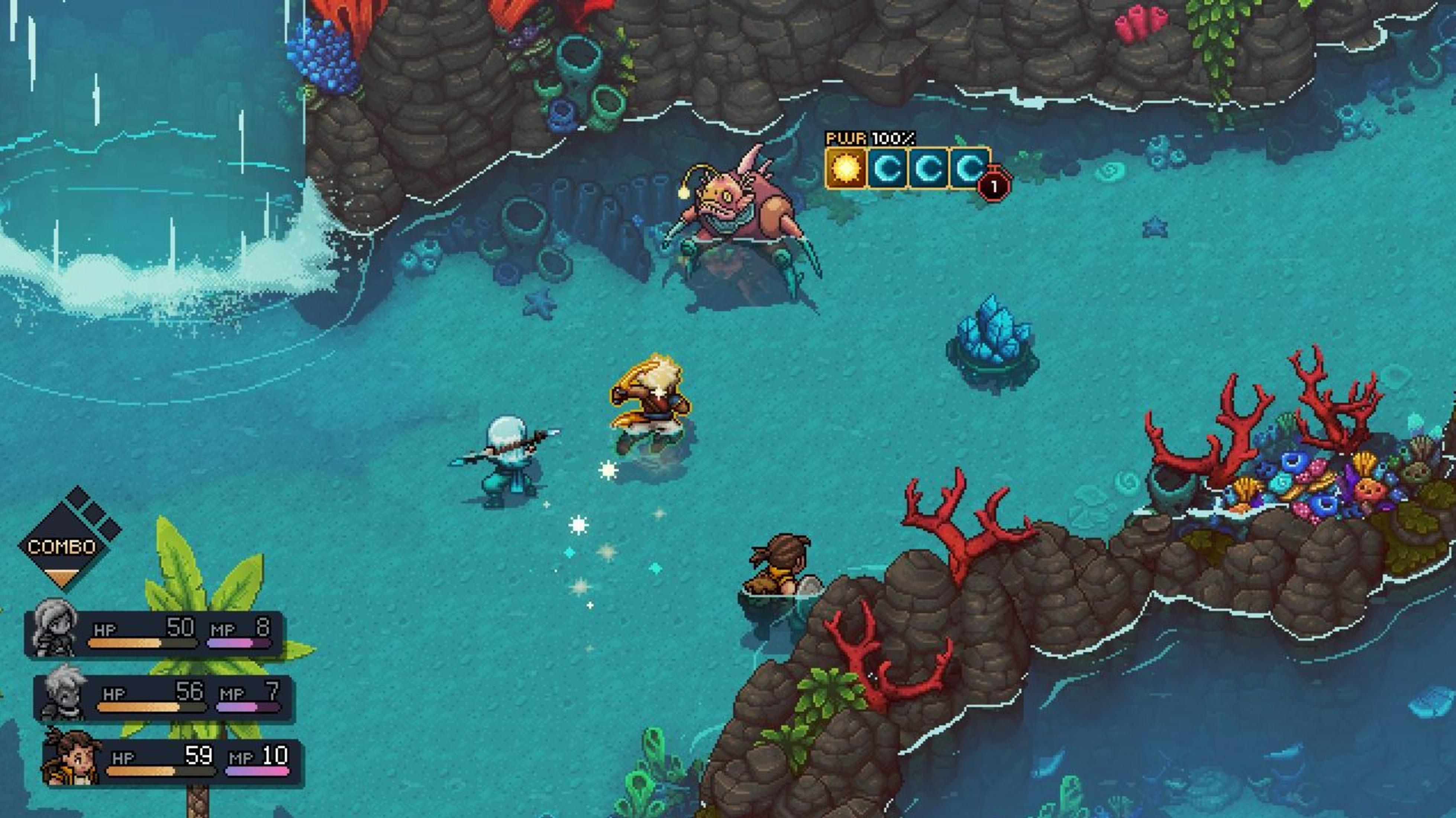 Pixel-Art-Spielszene: Unterwasserkampf mit Charakteren, Seeungeheuer und Korallen.