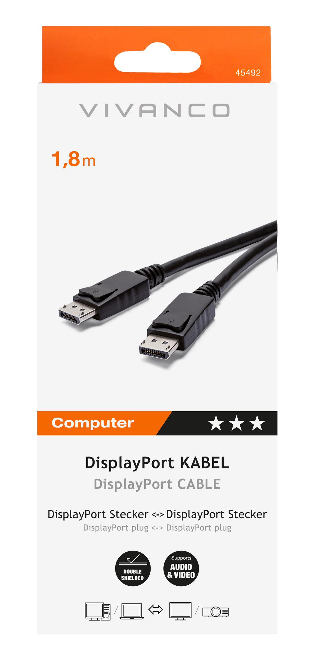 Deux câbles DisplayPort noirs avec connecteurs, 1,8m.