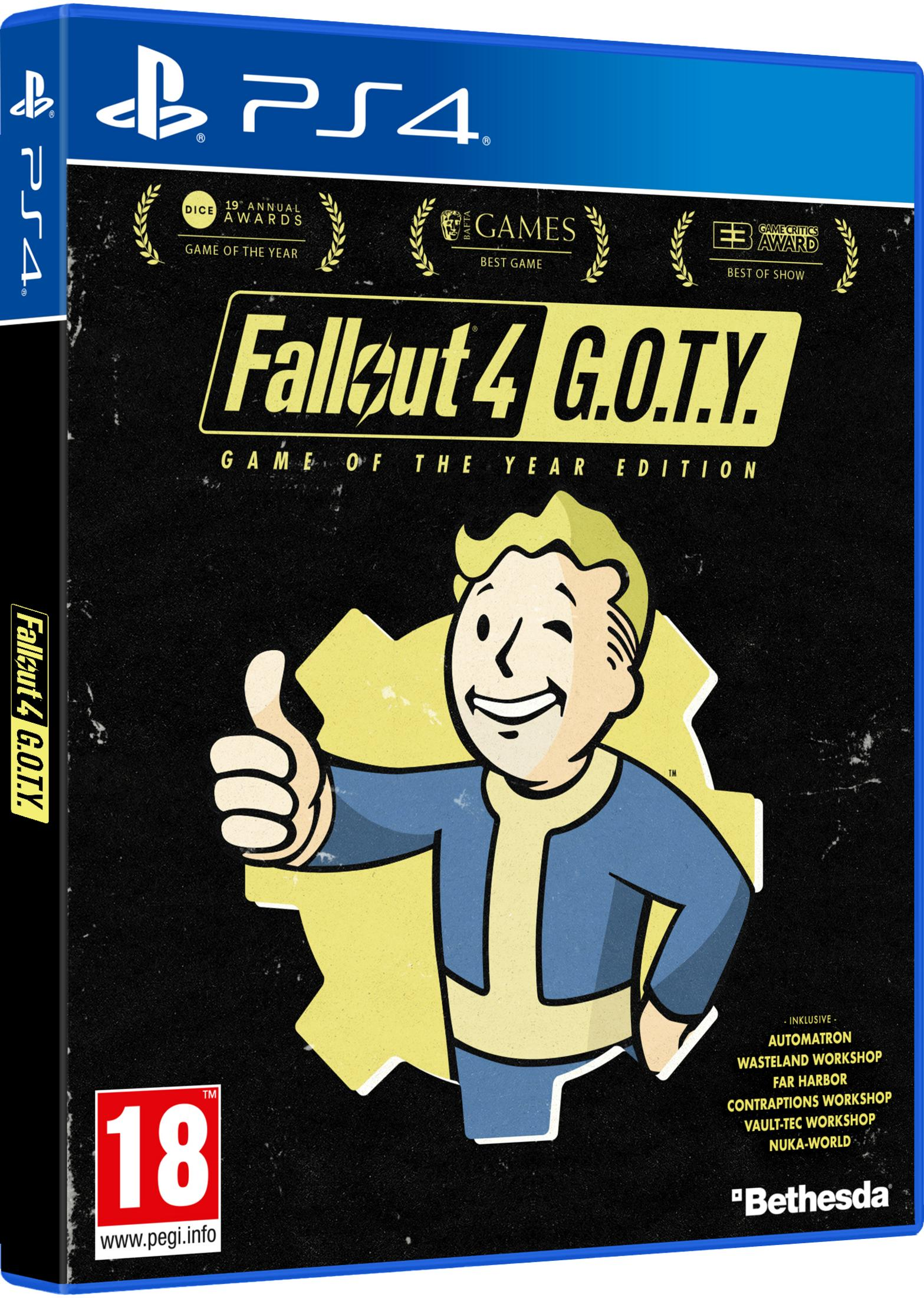 Couverture PS4 Fallout 4 GOTY avec Vault Boy pouce levé et récompenses.