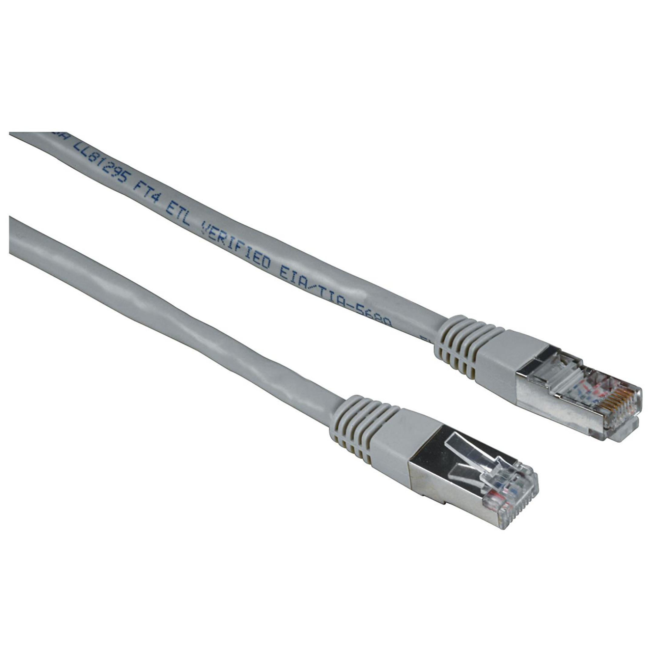 Graues Netzwerkkabel mit zwei RJ45-Steckern auf weißem Hintergrund.