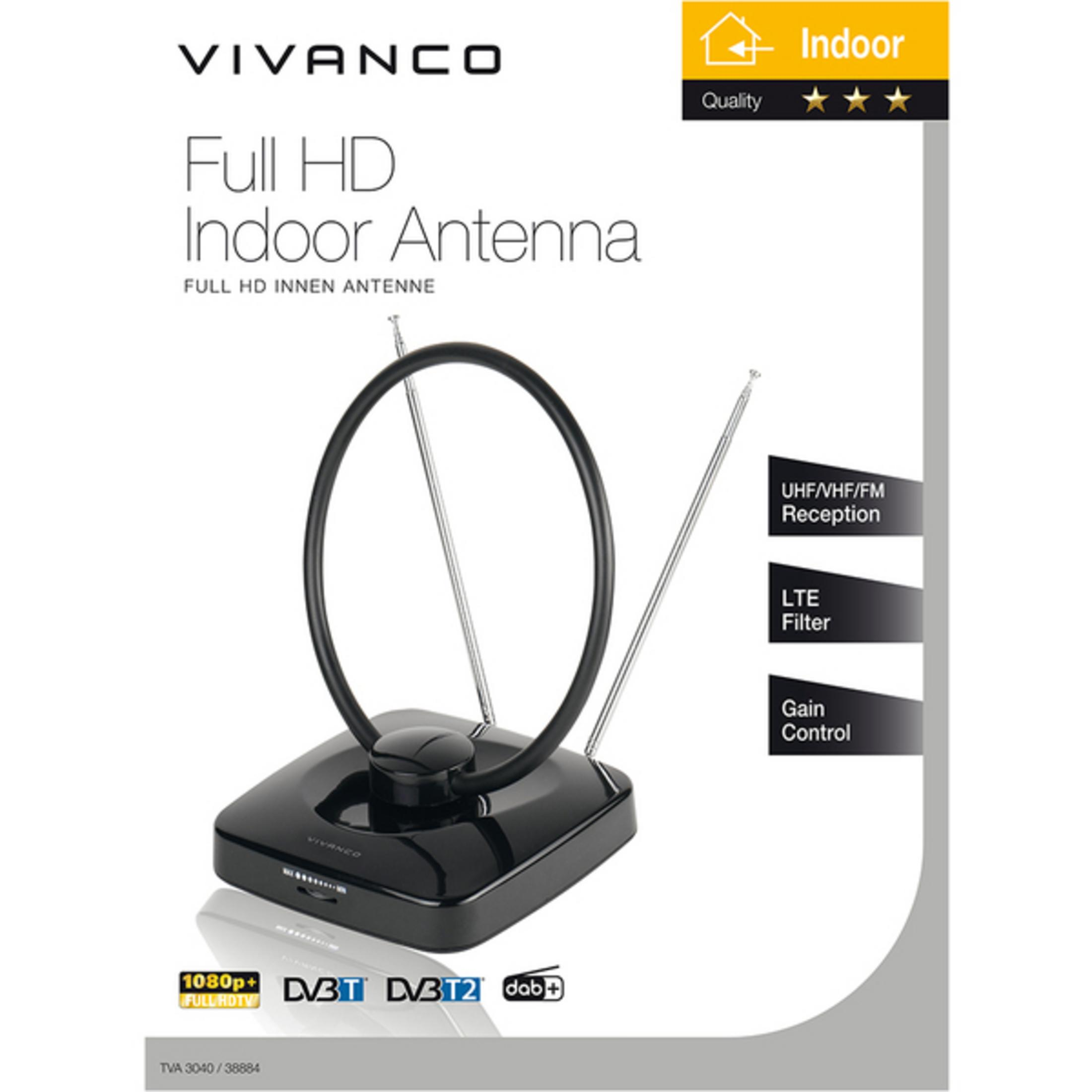 Czarna antena pokojowa Vivanco Full HD z pętlą i prętami.