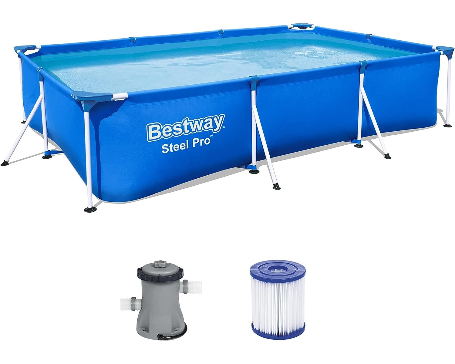 Ein blaues Bestway Stahl Pro Rechteckpool mit Wasser und Zubehör wie Pumpe und Filter.