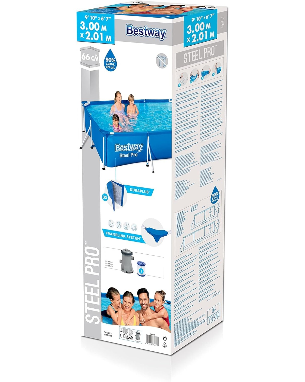 Bestway Steel Pro Pool-Verpackung mit Familie und Poolbildern.