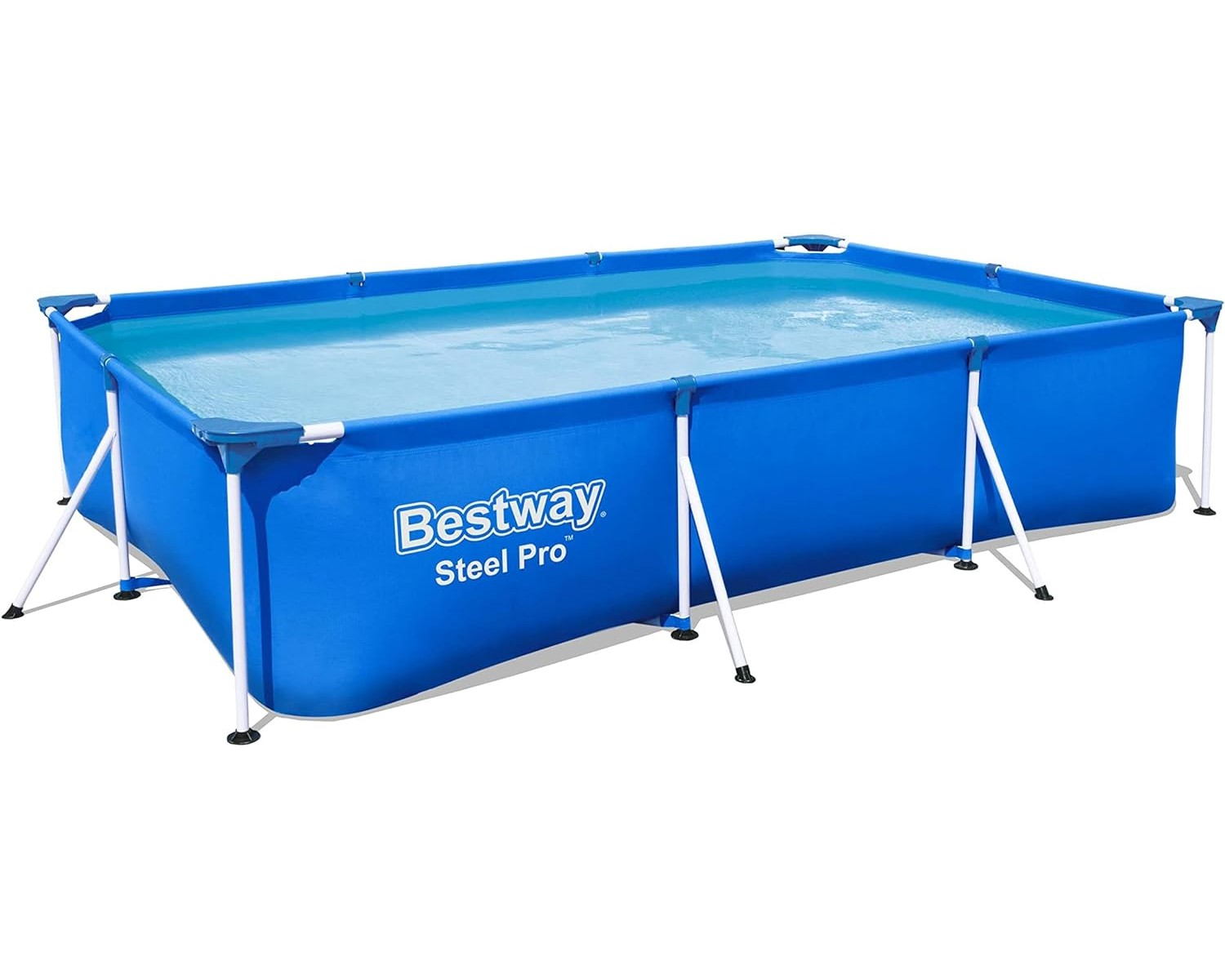 Ein rechteckiger, aufblasbarer Pool mit blauem Stoff und Metallrahmen.