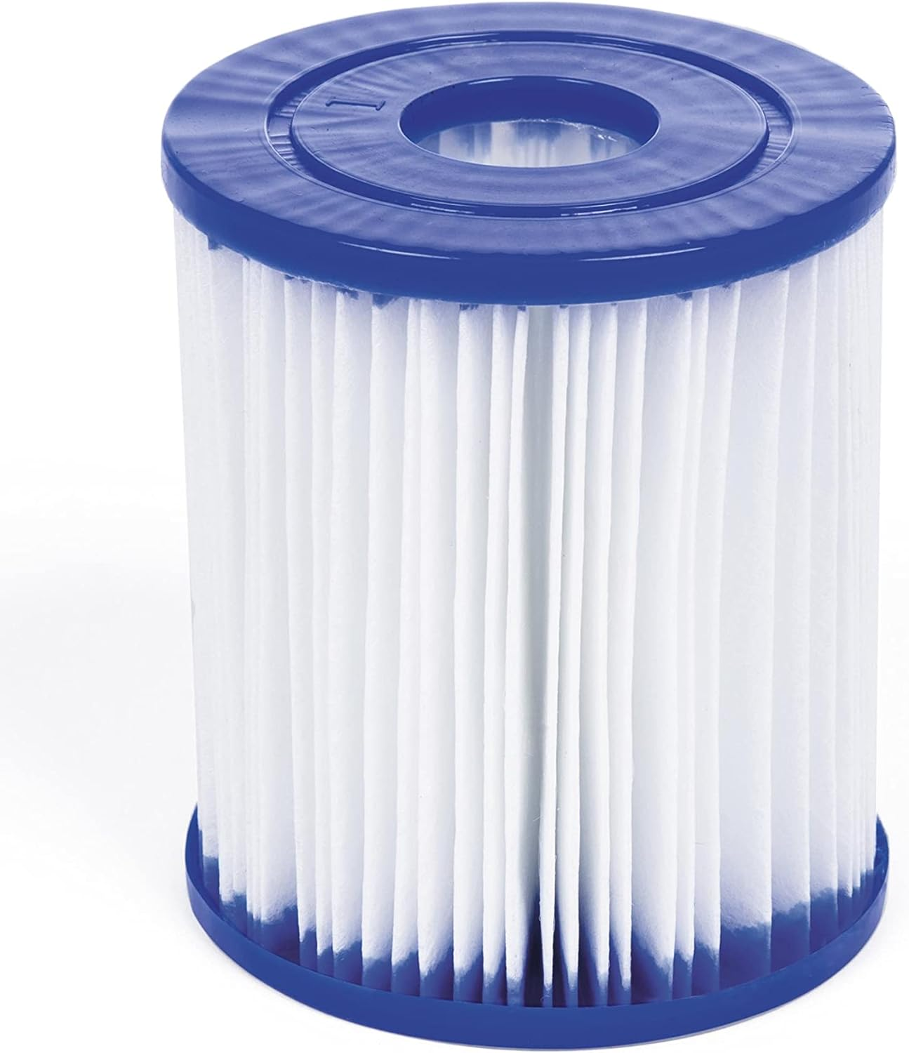 Ein zylindrischer Poolfilter mit weißen Falten und blauen Endkappen.