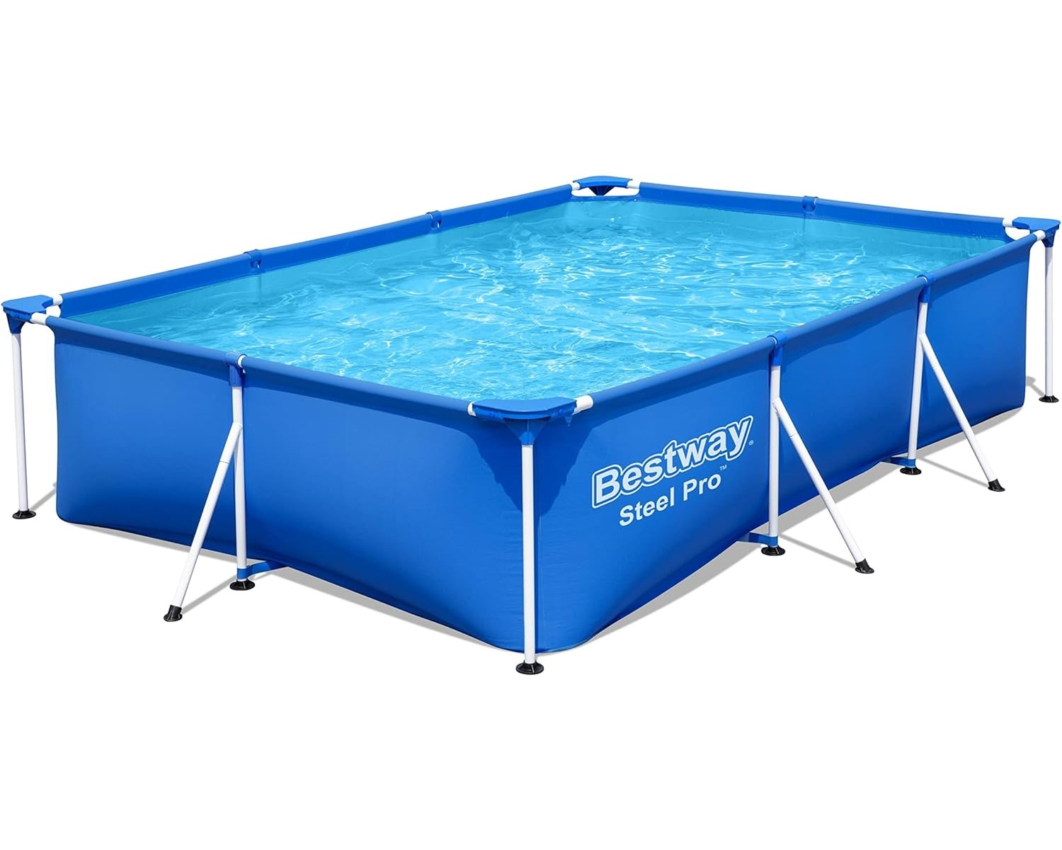 Ein rechteckiger, aufblasbarer Pool mit blauem Stoff und weißem Metallrahmen.