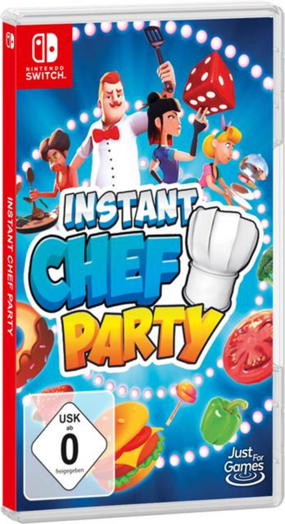 Spielcover mit Cartoon-Figuren, Essen und dem Spieltitel "Instant Chef Party".