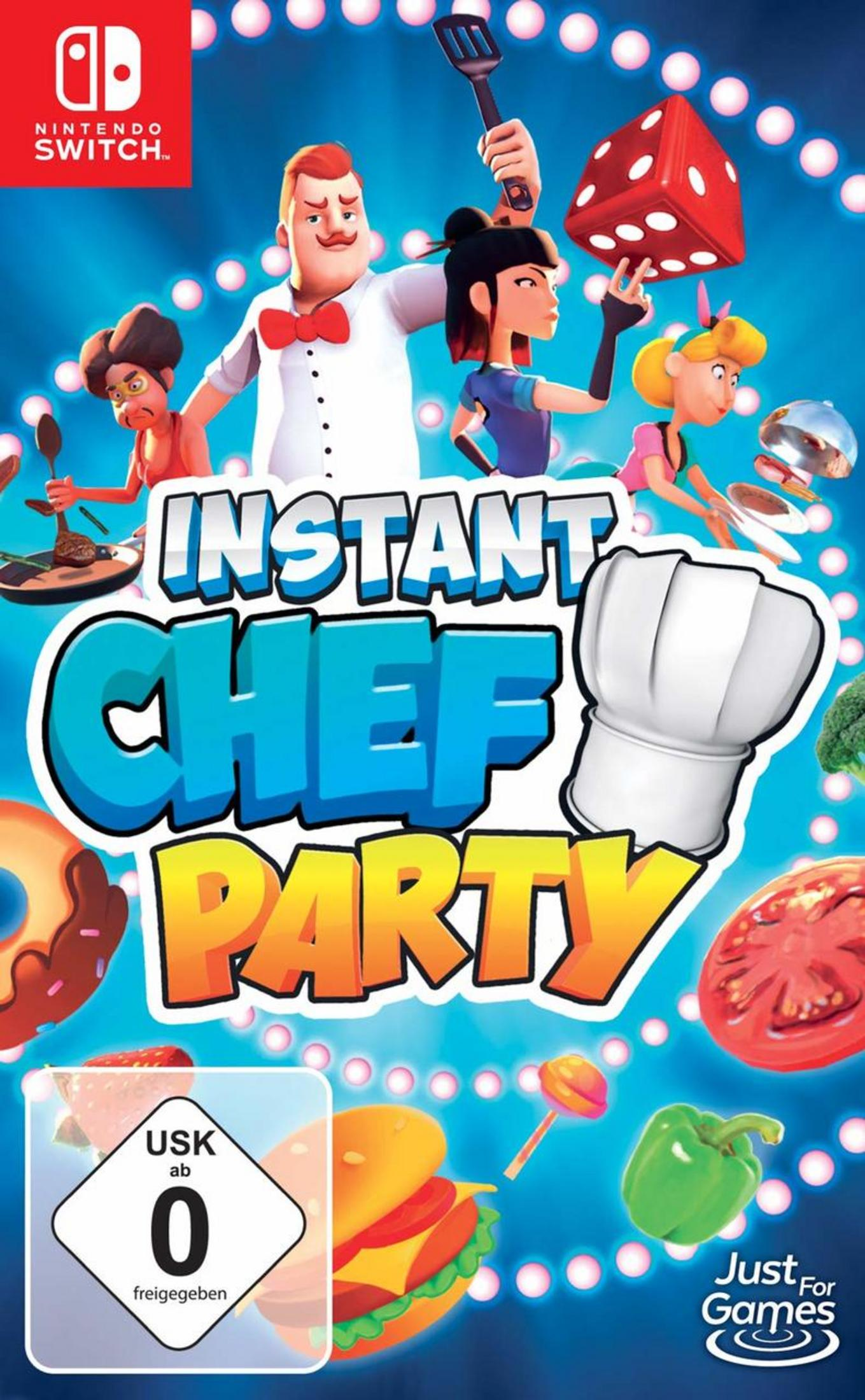 Spielcover: Charaktere mit Kochutensilien, Essen und Nintendo Switch Logo.