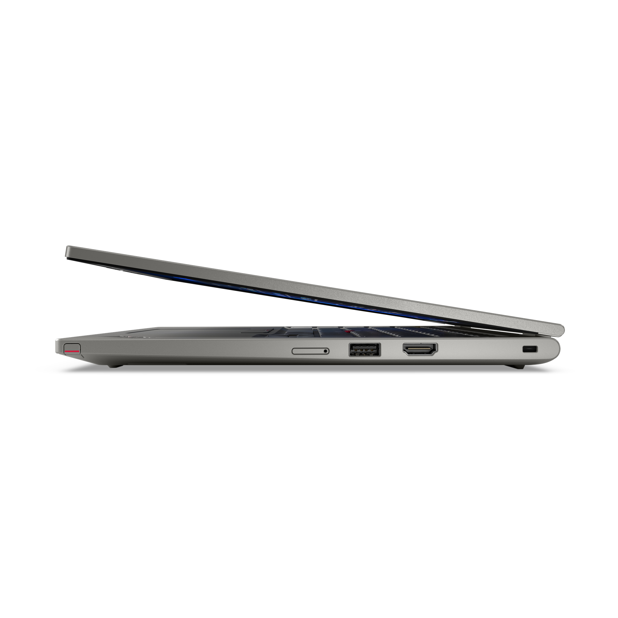Graues Laptop im Profil, Bildschirm leicht geöffnet. Anschlüsse sichtbar.