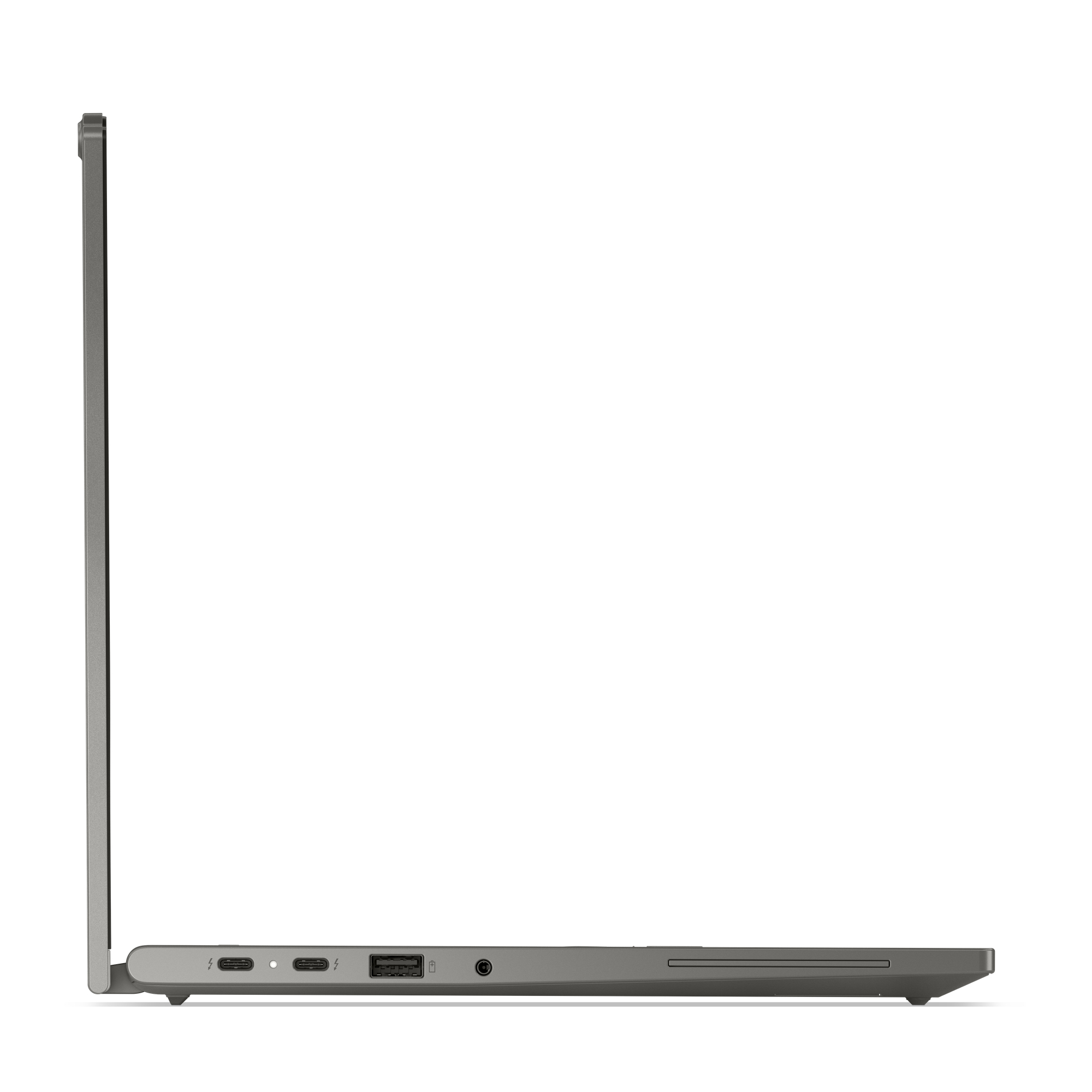 Graues Laptop-Profil mit Anschlüssen: 2x USB-C, 1x USB-A und Kopfhörerbuchse.