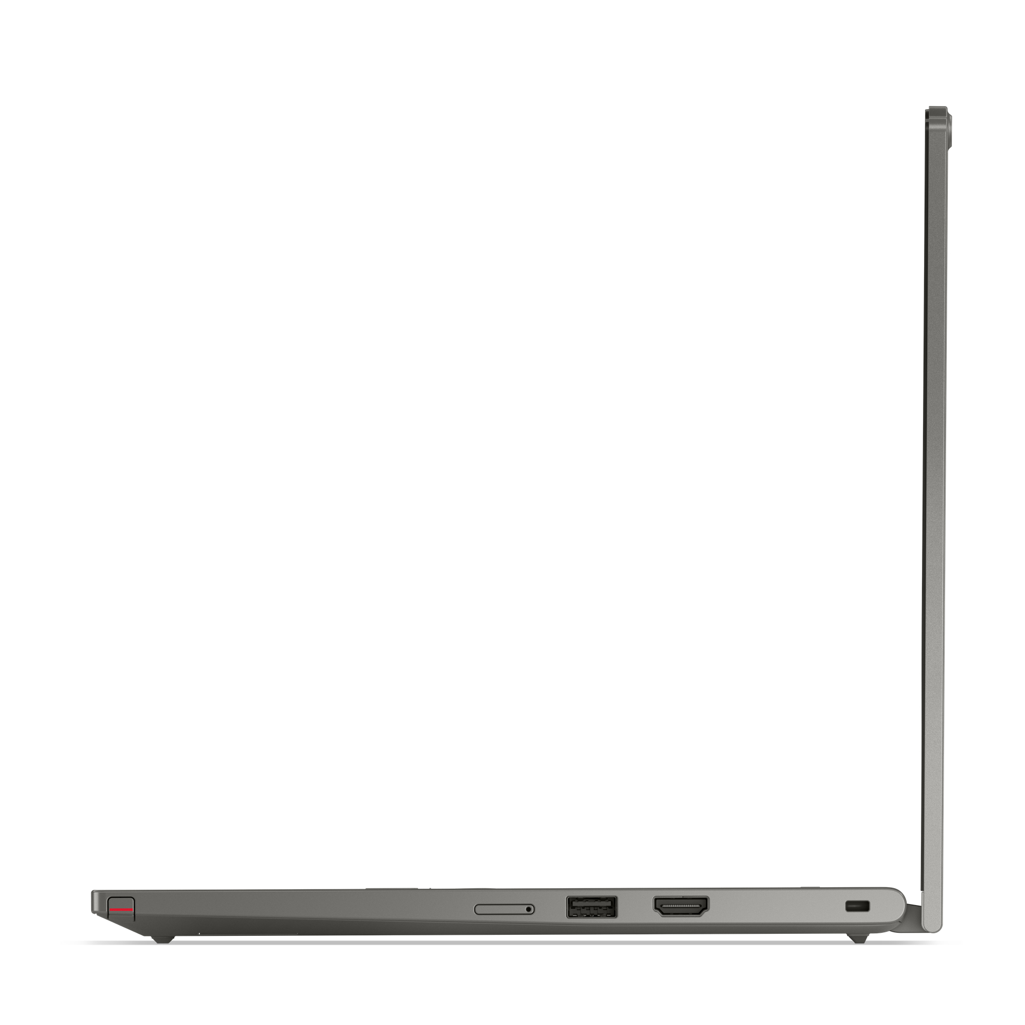 Seitenansicht eines grauen Laptops mit Anschlüssen und einem roten Akzent.
