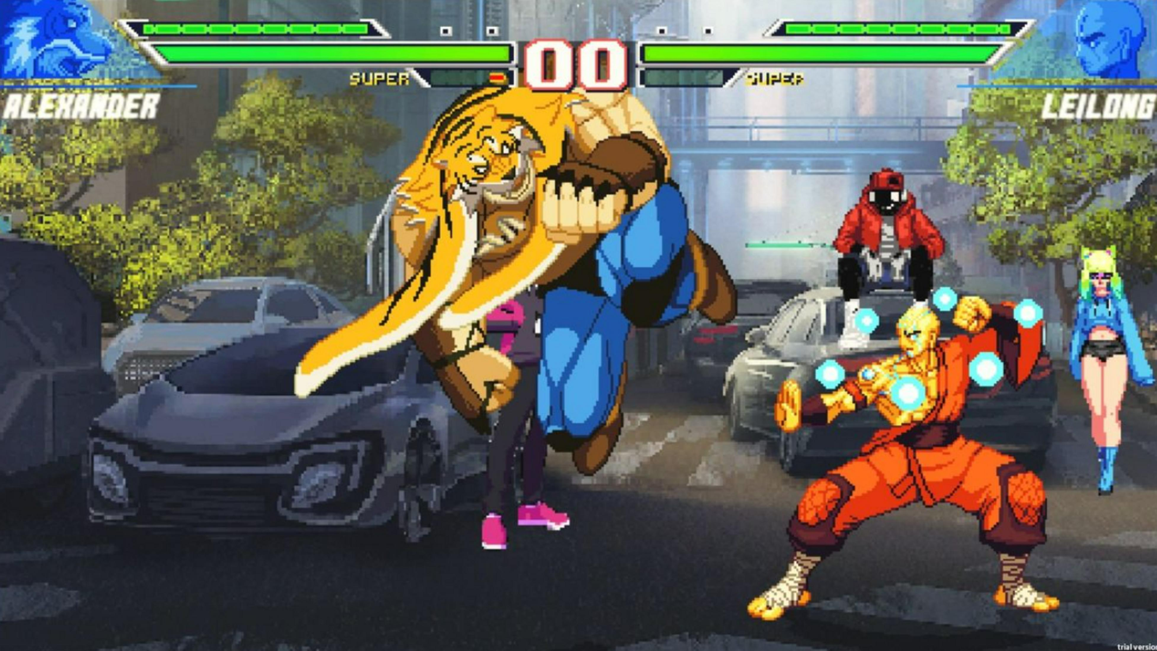 Kampfspielszene mit Tigermensch, Mönch, Person in roter Jacke und Frau.