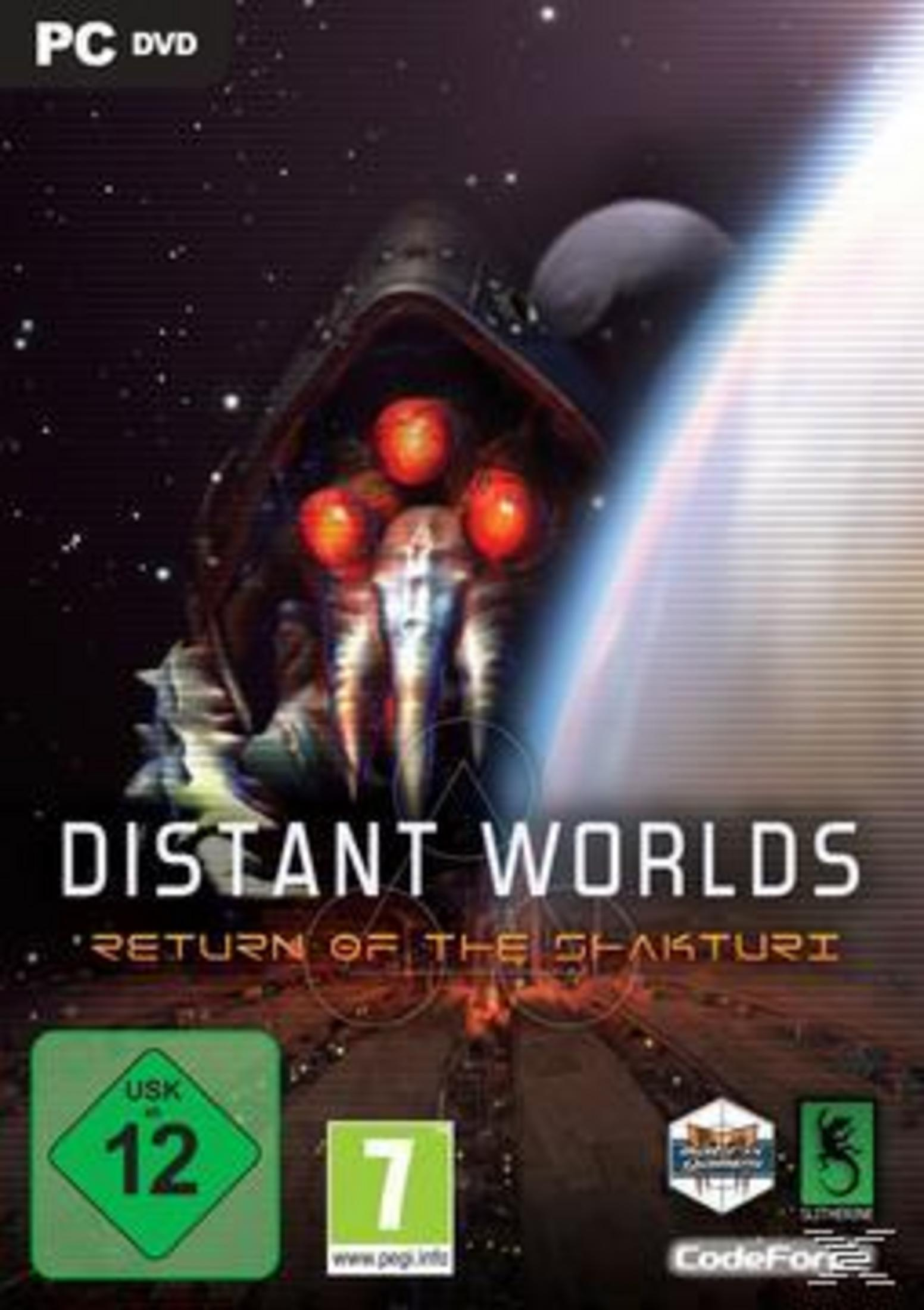 Das Cover des Spiels Distant Worlds: Return of the Shakturi zeigt ein Alienwesen vor einem Sternenhimmel.