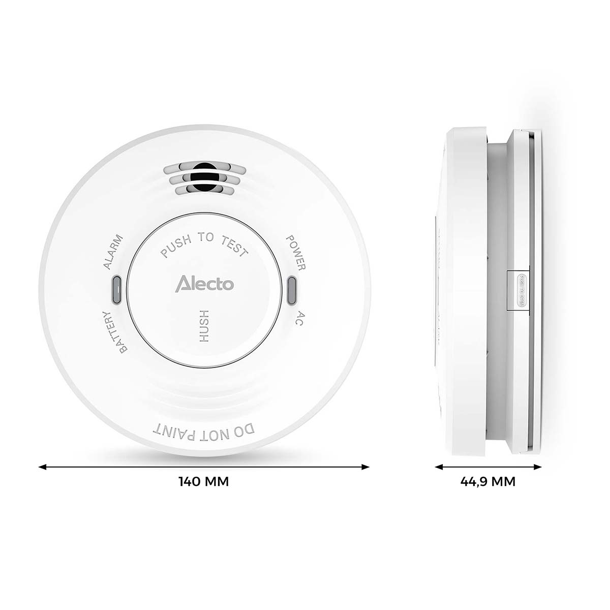 Détecteurs de fumée blancs avec étiquettes et dimensions 140 mm et 44,9 mm.