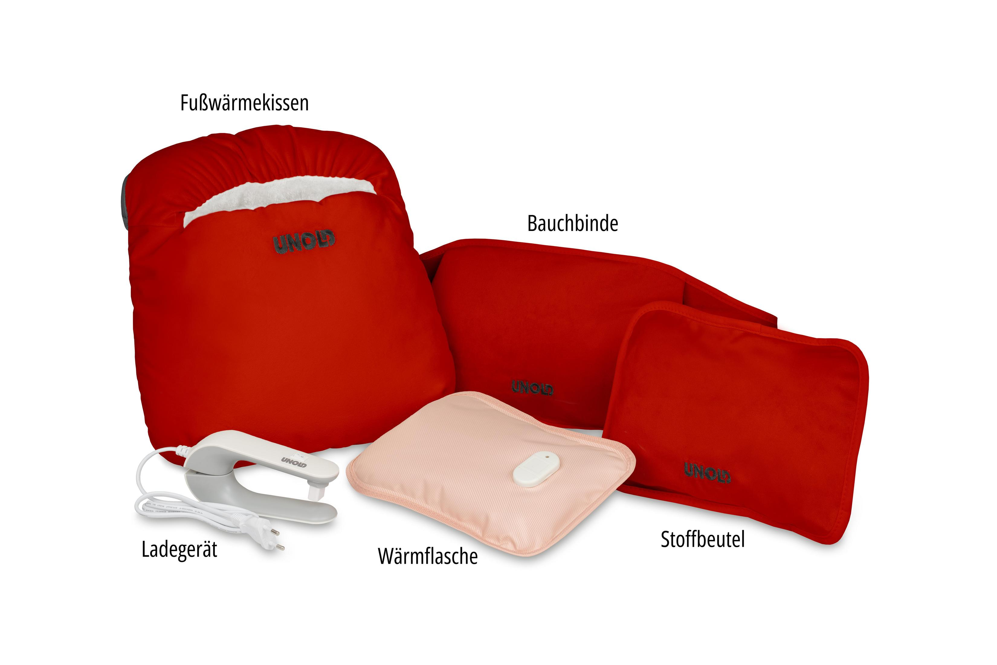 Rote Fußwärmerkissen, Bauchbinde und Stoffbeutel mit Ladeadapter und Wärmflasche.