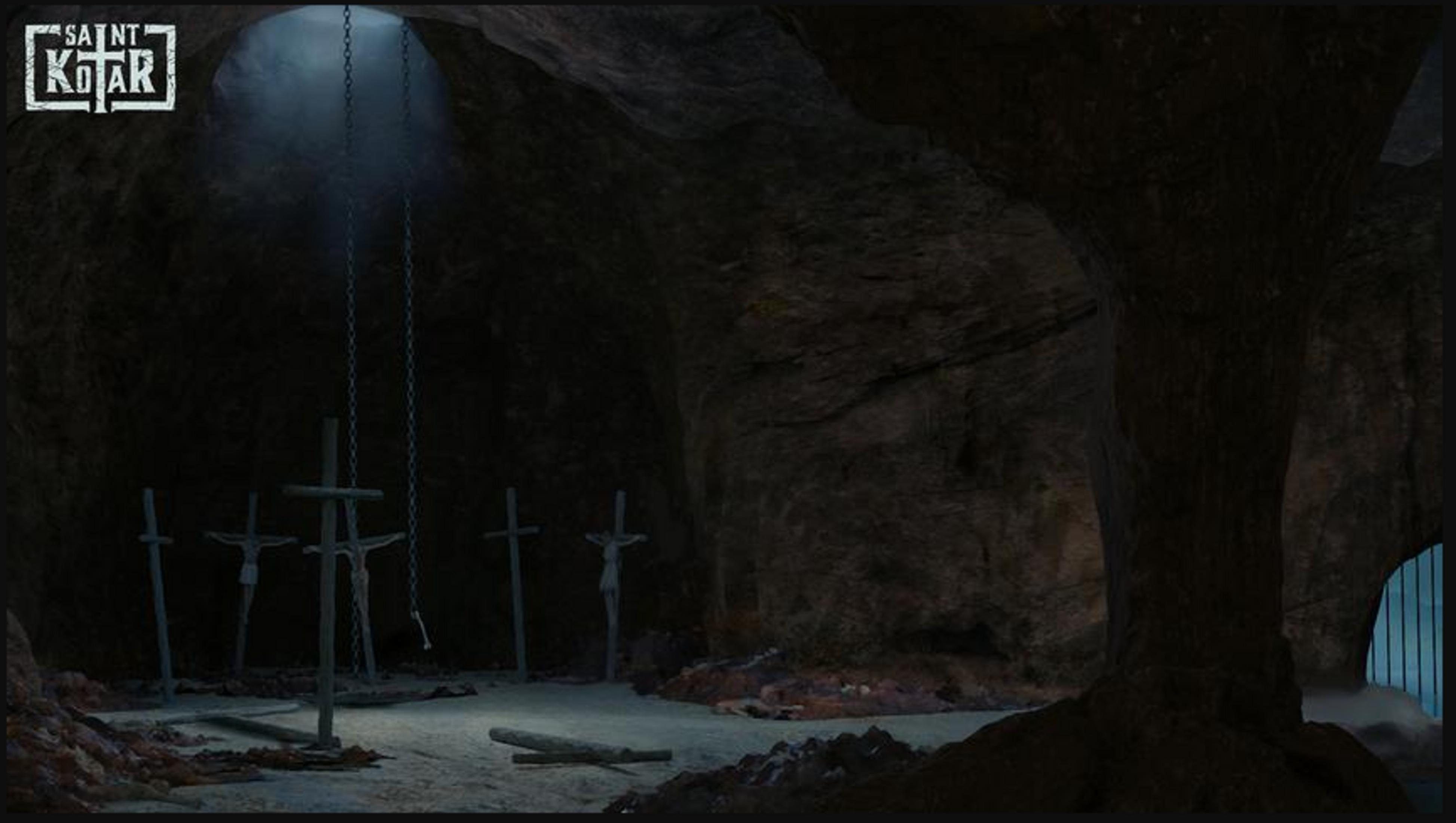 Eine dunkle Höhle mit Kreuzen, Ketten und dem 'Saint Kotar'-Logo.