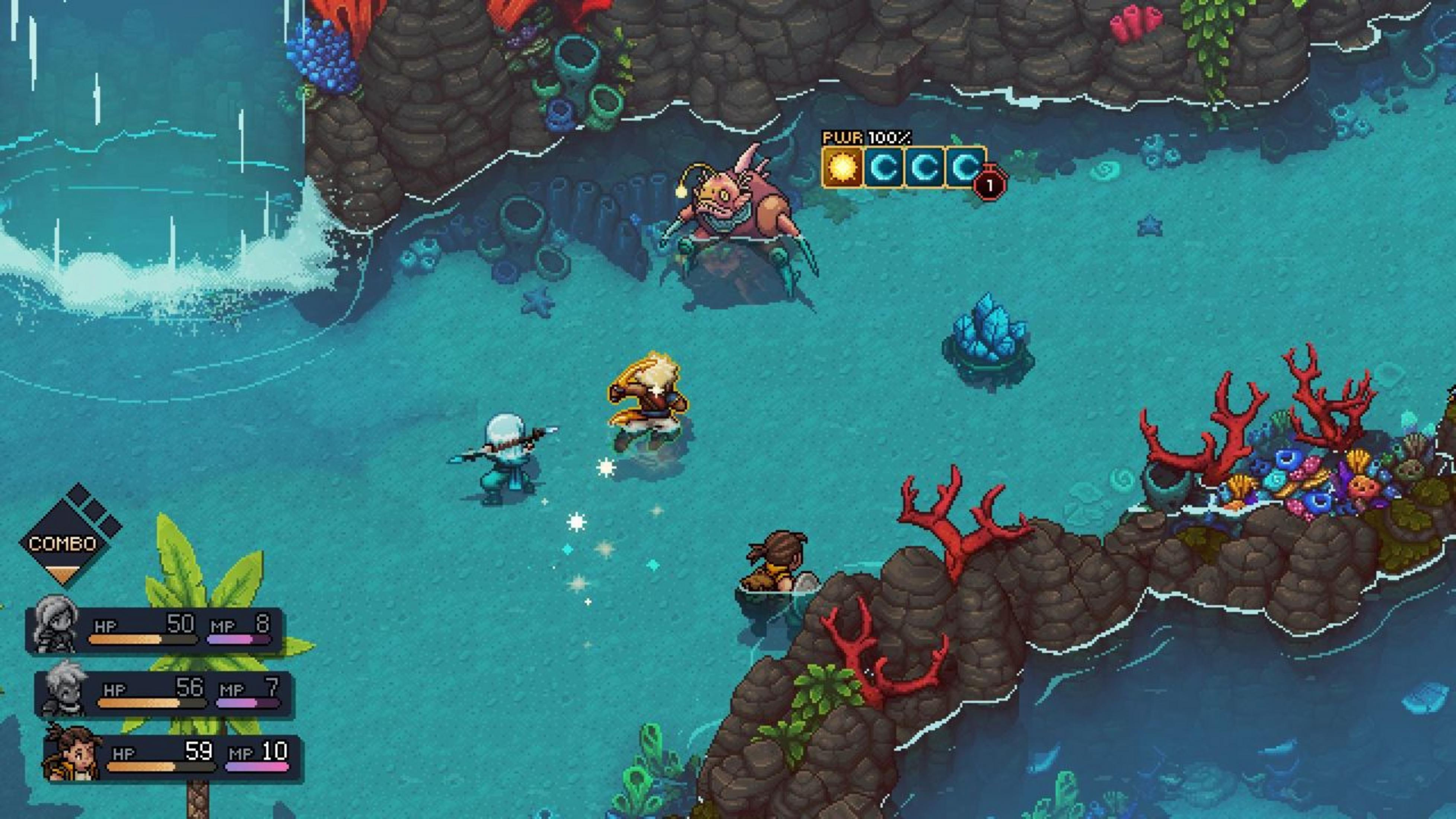 Pixel-Kampf im Wasser: Monster gegen Charaktere mit Lebensbalken.